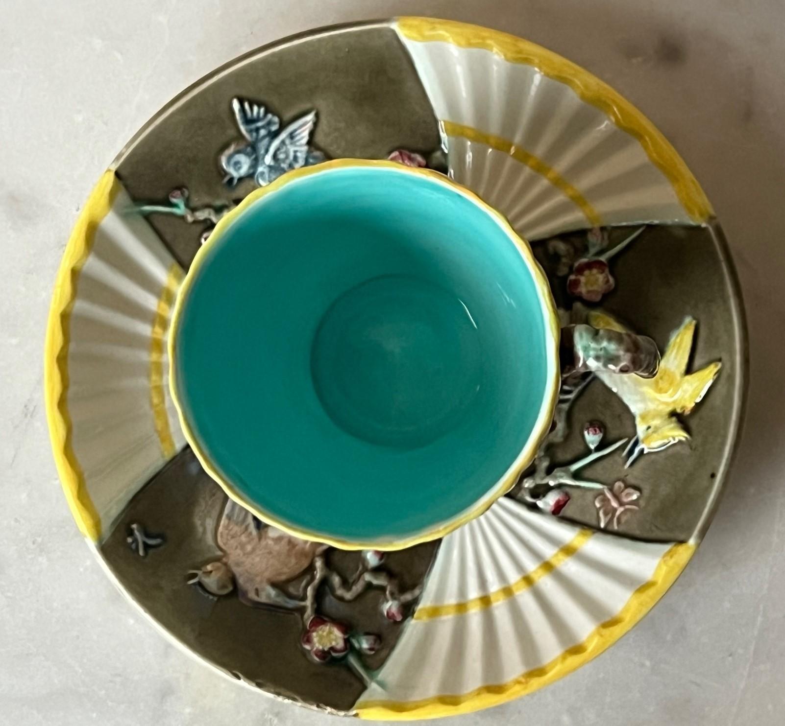 Anglo-Japanese Wedgwood Majolica Fan Pattern Cup and Saucer Set, C. 1876 For Sale