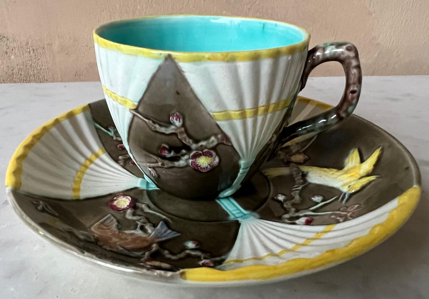 Hand-Painted Wedgwood Majolica Fan Pattern Cup and Saucer Set, C. 1876 For Sale