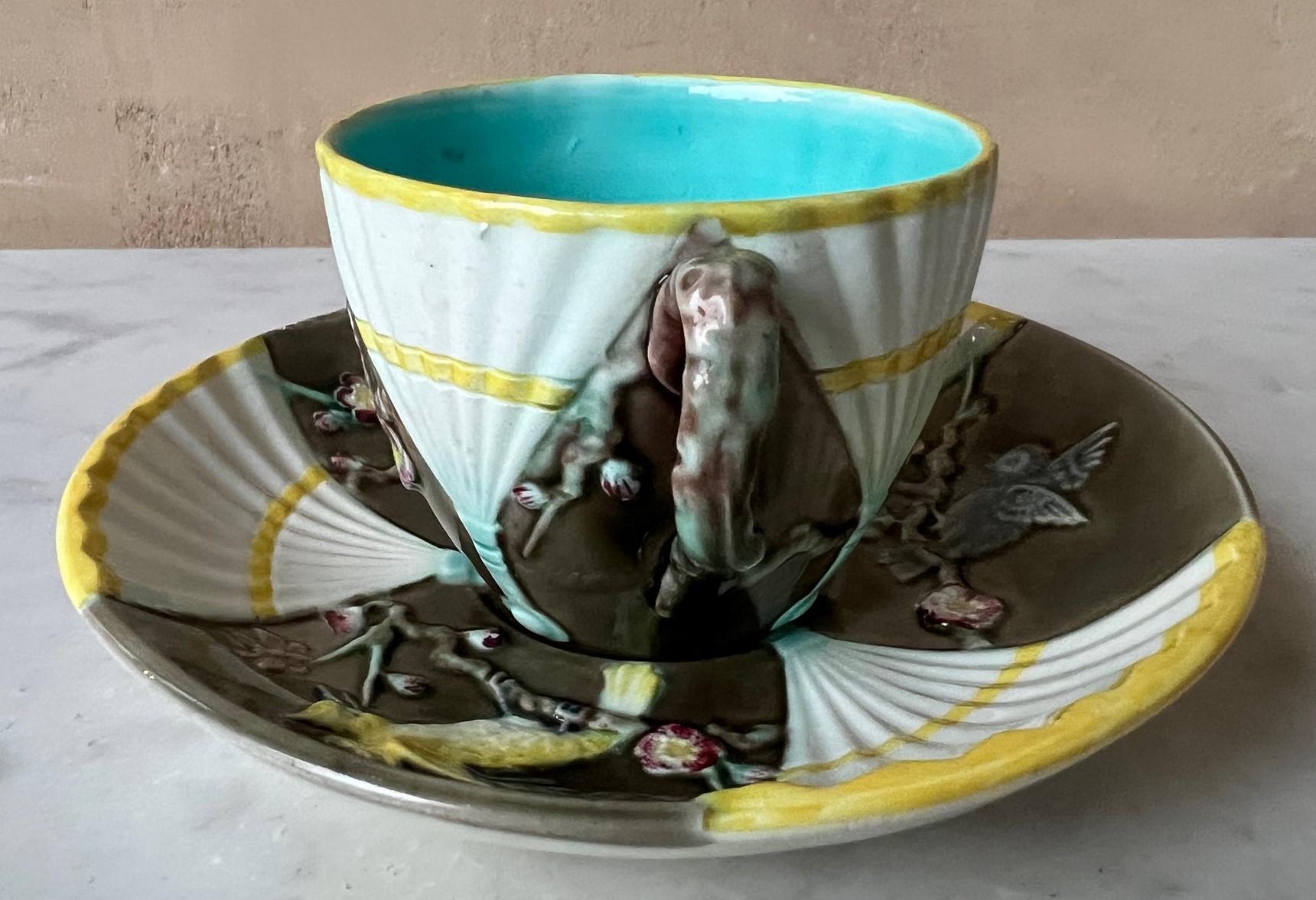 Late 19th Century Wedgwood Majolica Fan Pattern Cup and Saucer Set, C. 1876 For Sale