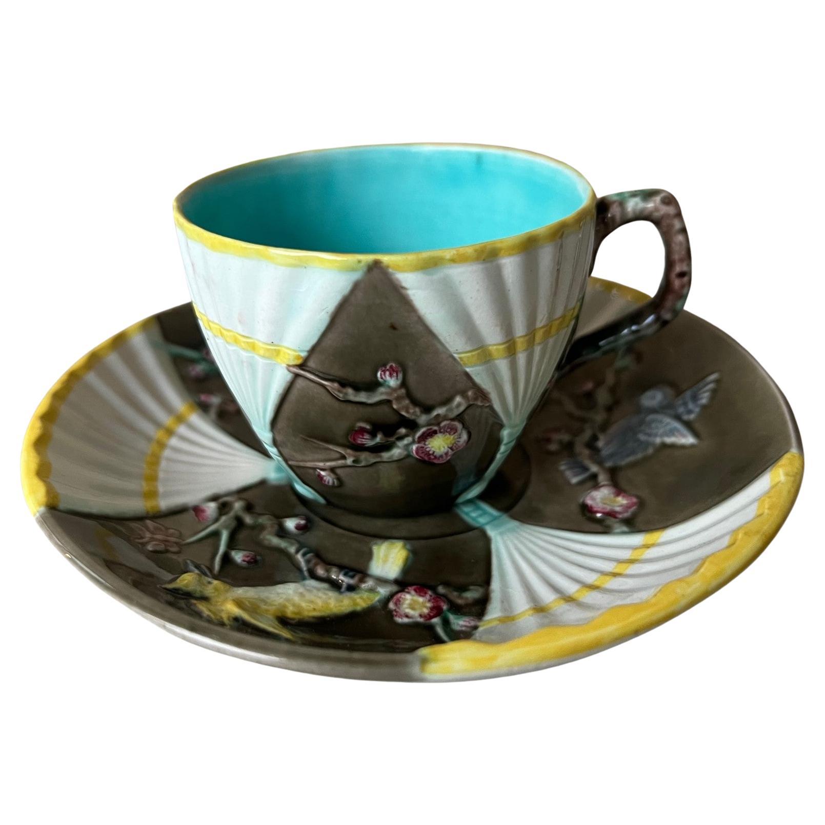 Wedgwood Majolica Fan Pattern Cup and Saucer Set, C. 1876 For Sale