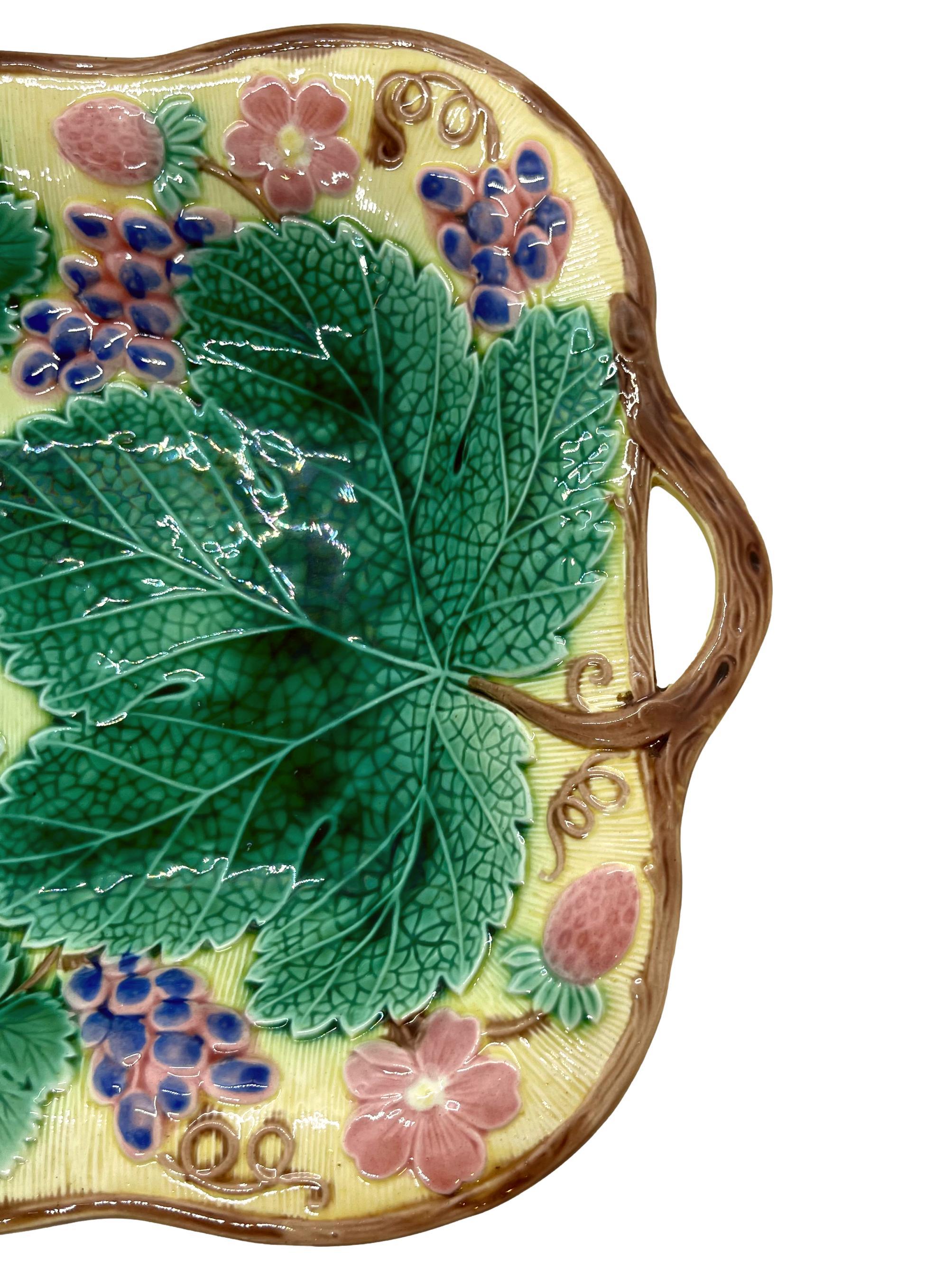English Wedgwood Majolica Grape and Strawberry Bread Tray on Yellow Ground