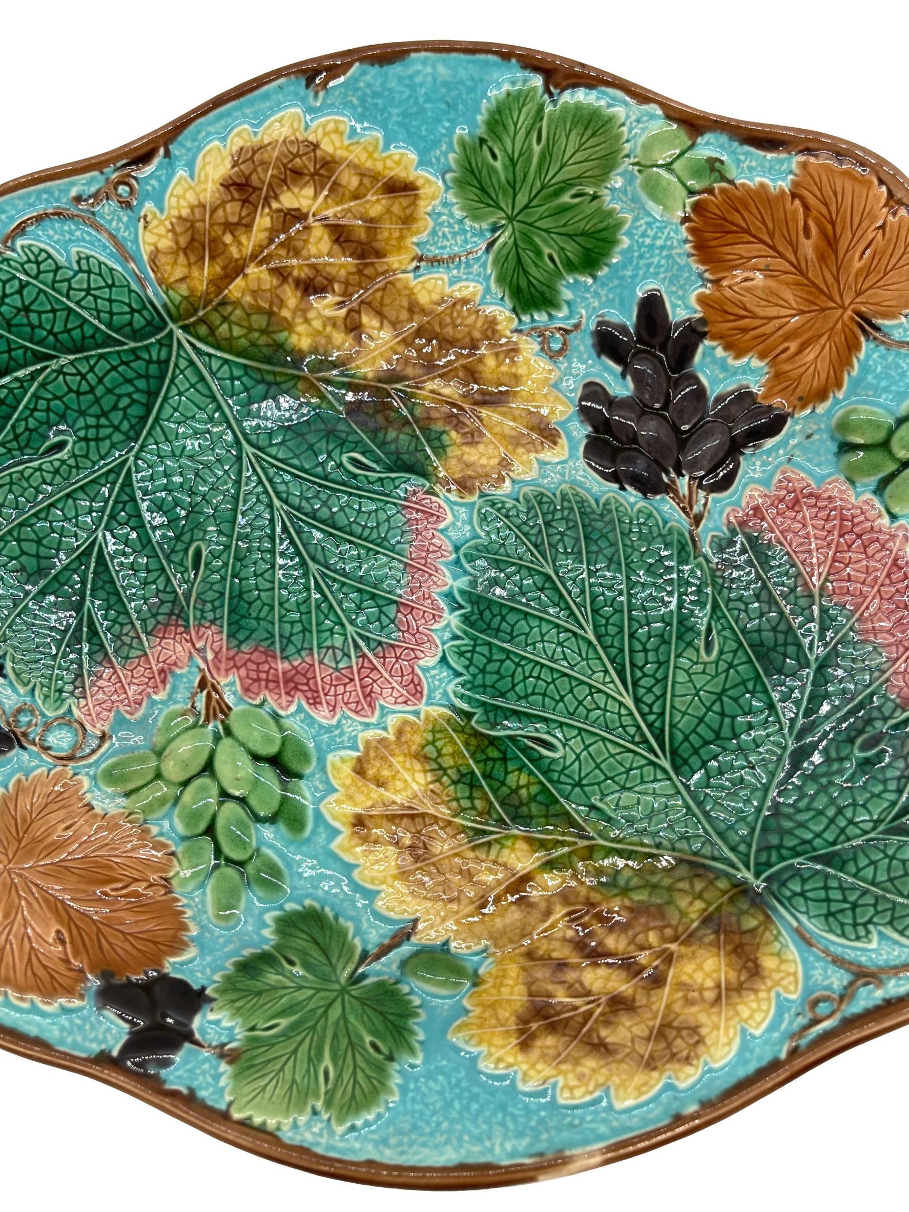 Victorian Wedgwood Majolica Grape, Leaf and Vine Bread Tray on Turquoise Ground, Date 1877
