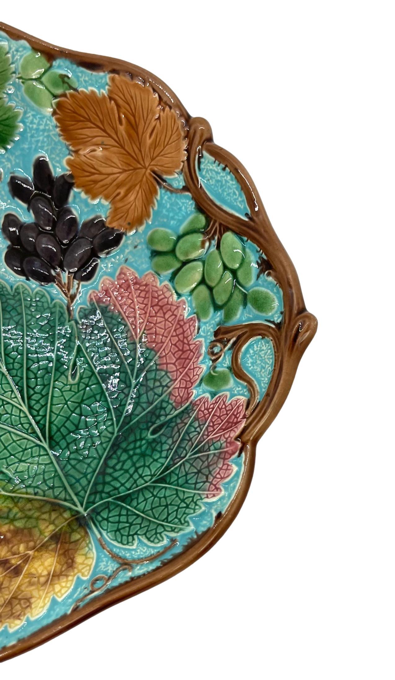 English Wedgwood Majolica Grape, Leaf and Vine Bread Tray on Turquoise Ground, Date 1877