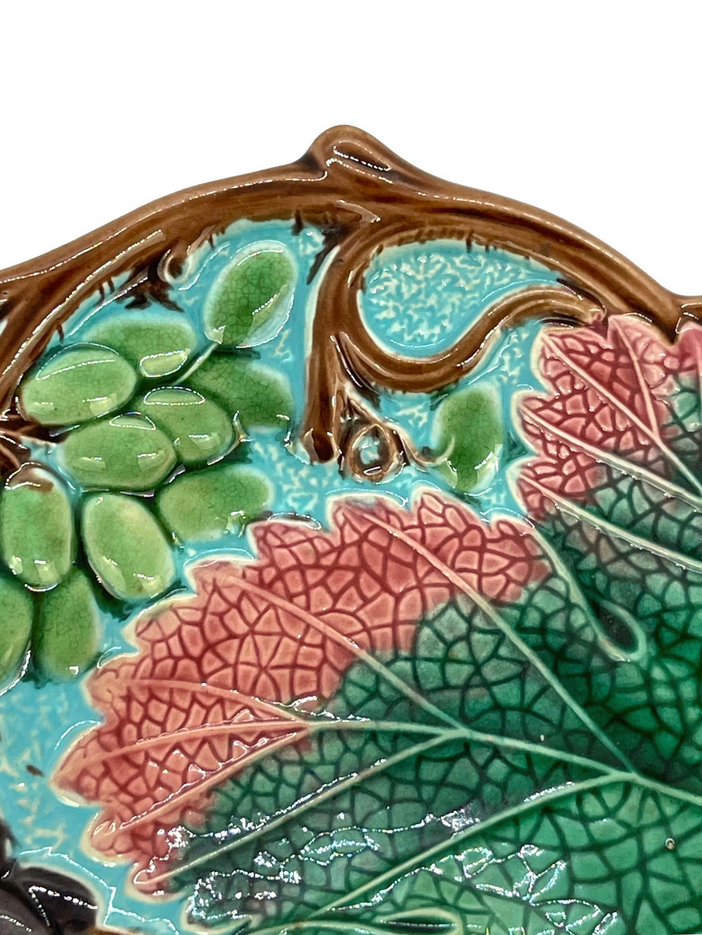 Molded Wedgwood Majolica Grape, Leaf and Vine Bread Tray on Turquoise Ground, Date 1877