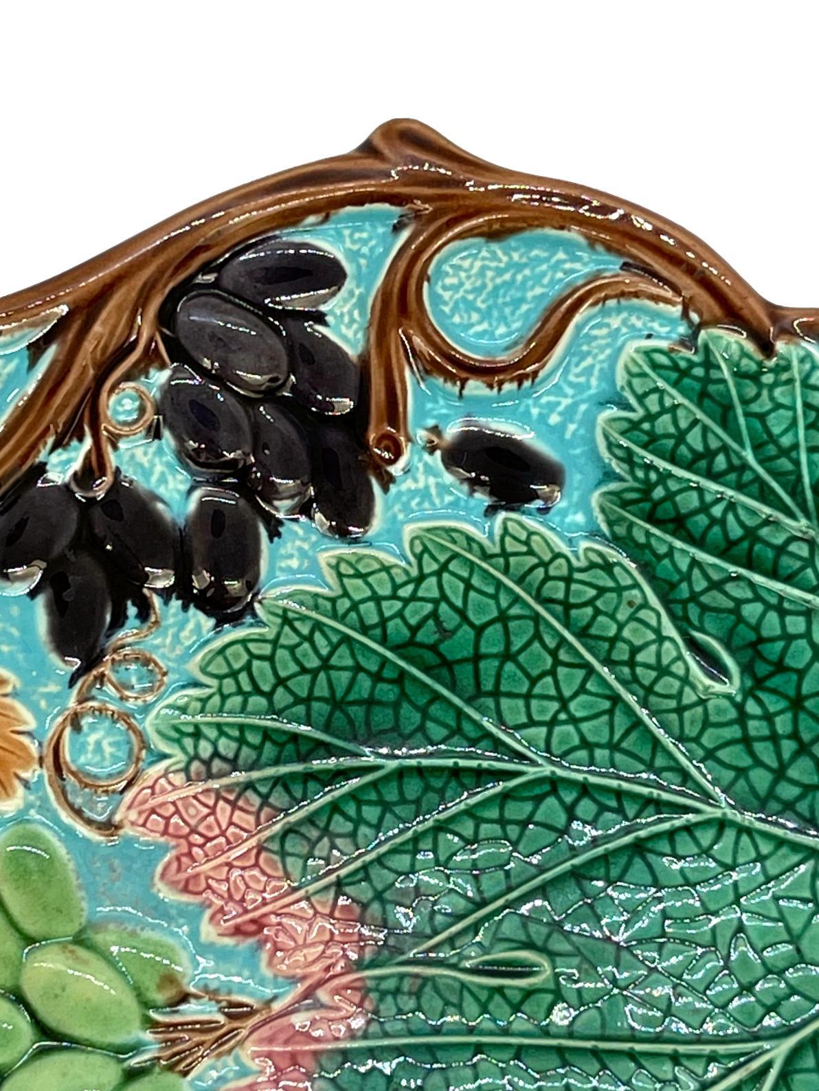 Wedgwood Majolica Grape, Leaf and Vine Bread Tray on Turquoise Ground, Date 1877 In Good Condition In Banner Elk, NC