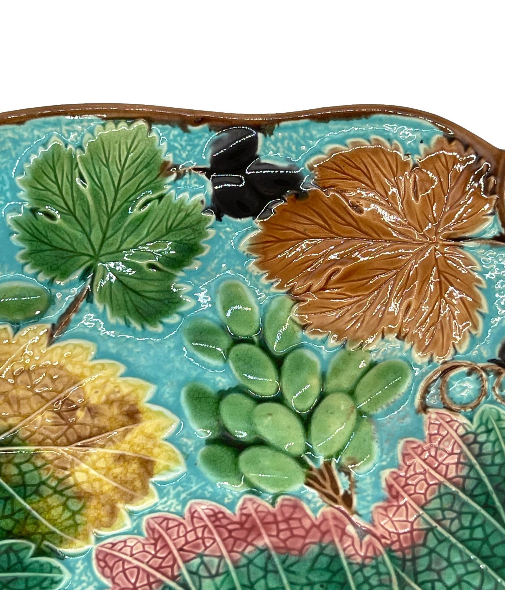 19th Century Wedgwood Majolica Grape, Leaf and Vine Bread Tray on Turquoise Ground, Date 1877