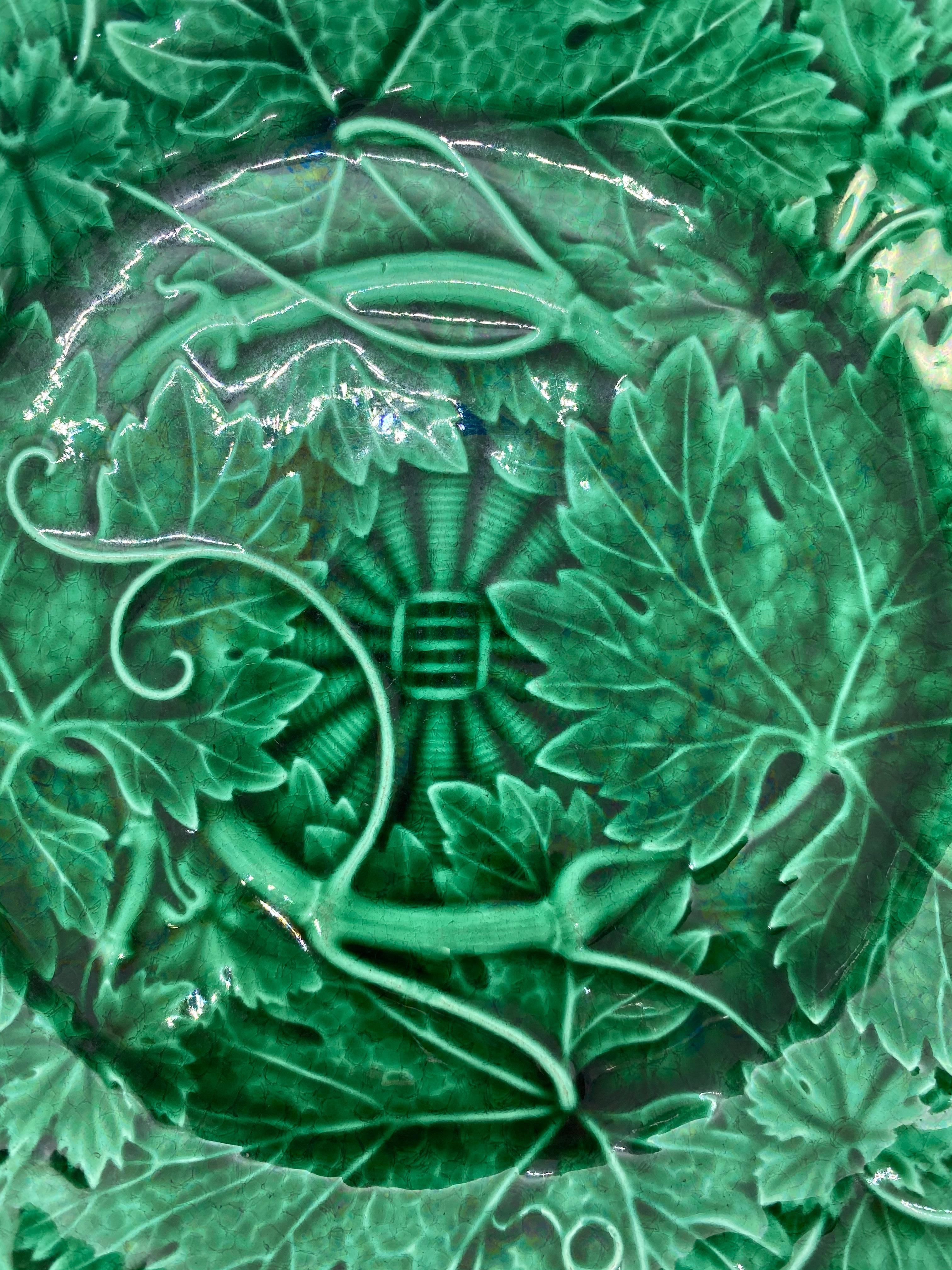 Molded Wedgwood Majolica Green Glazed Basket Weave Plate, English, ca. 1885
