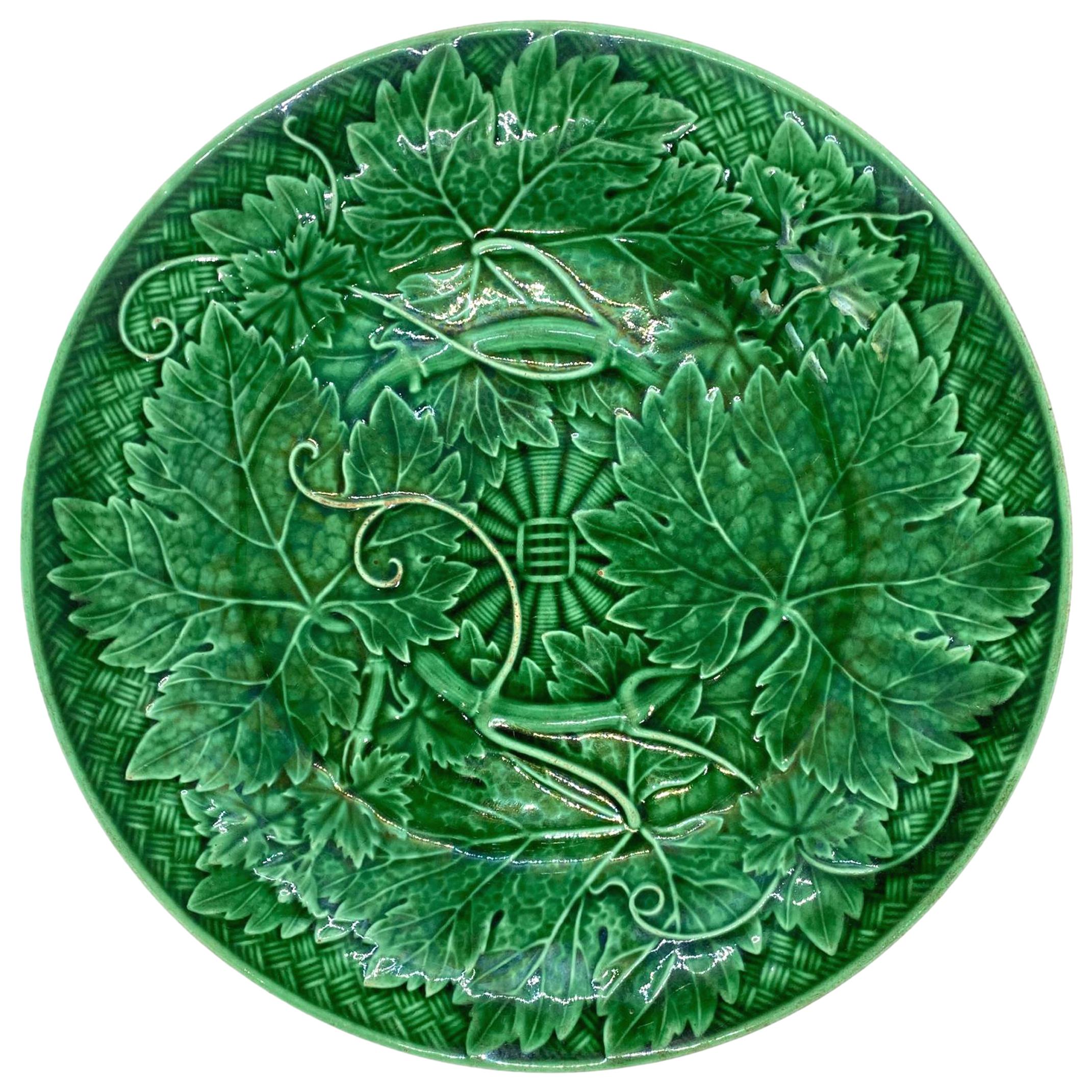 Wedgwood Majolica Green Glazed Basket Weave Plate, English, ca. 1885