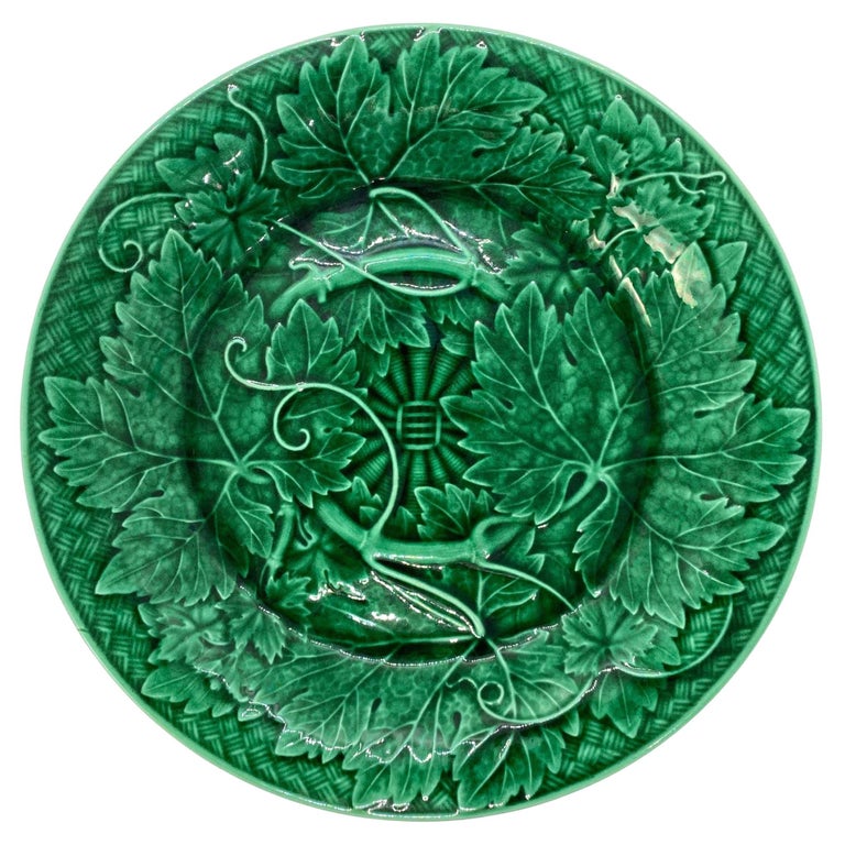 Wedgwood Majolica Green Glazed Basket Weave Plate, English, Dated 1885