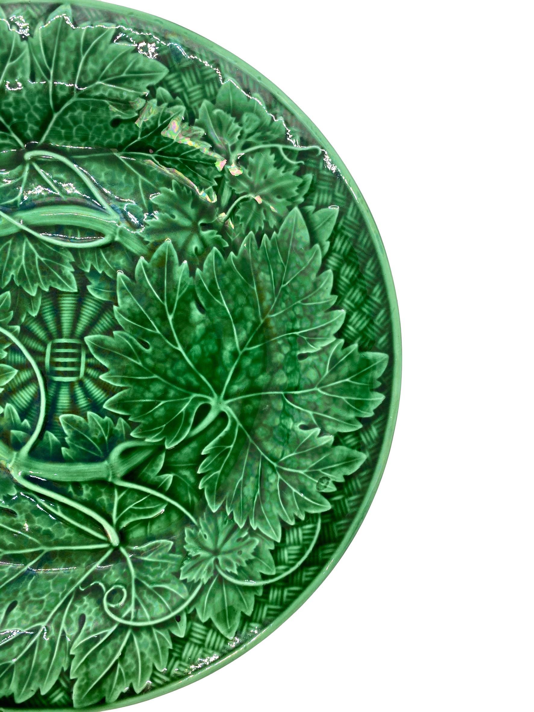 Victorian Wedgwood Majolica Green Glazed Basket Weave Plate, English, Dated 1894