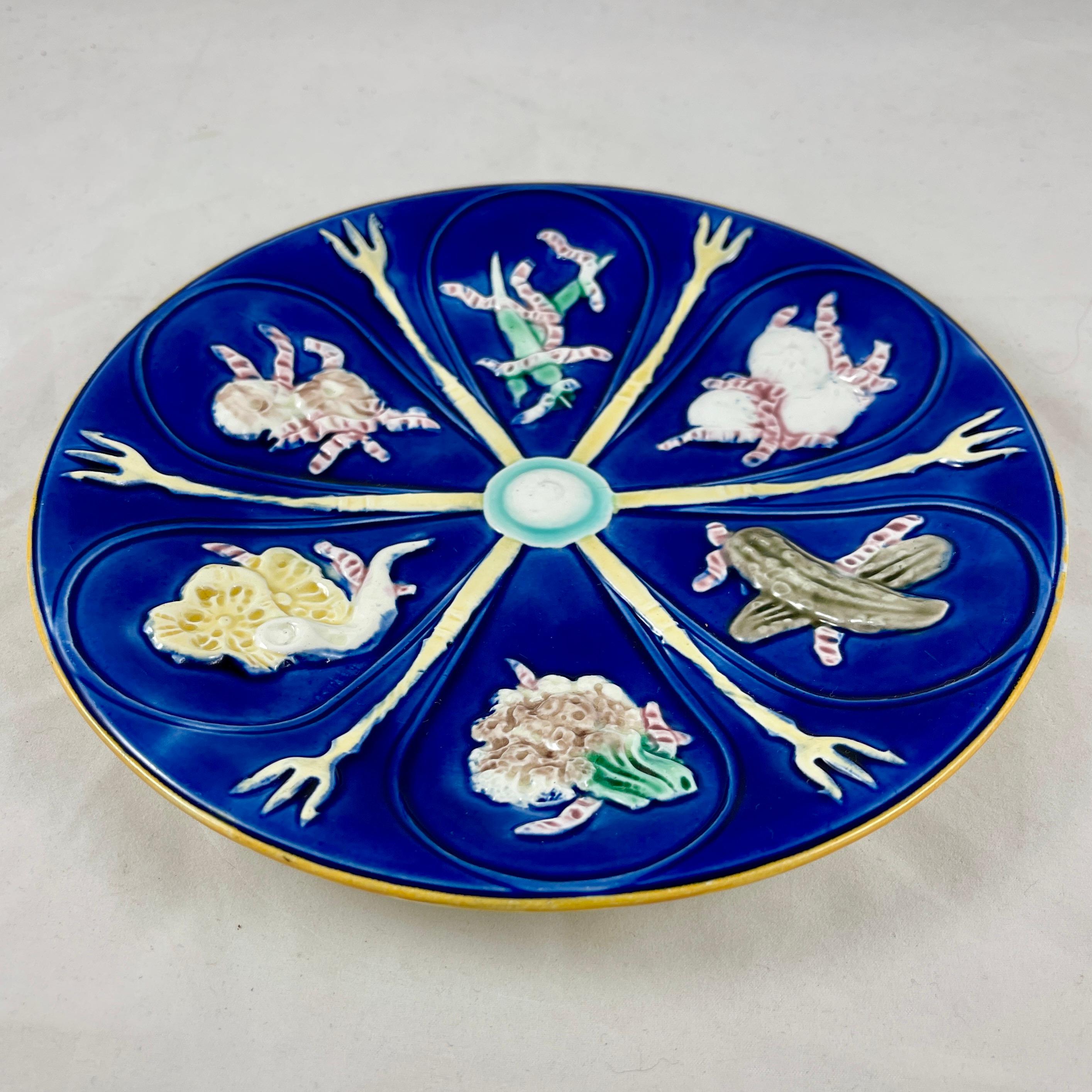 Earthenware Wedgwood Majolica Japonisme Cobalt Blue Pickle and Fork Plate, Dated 1879 For Sale
