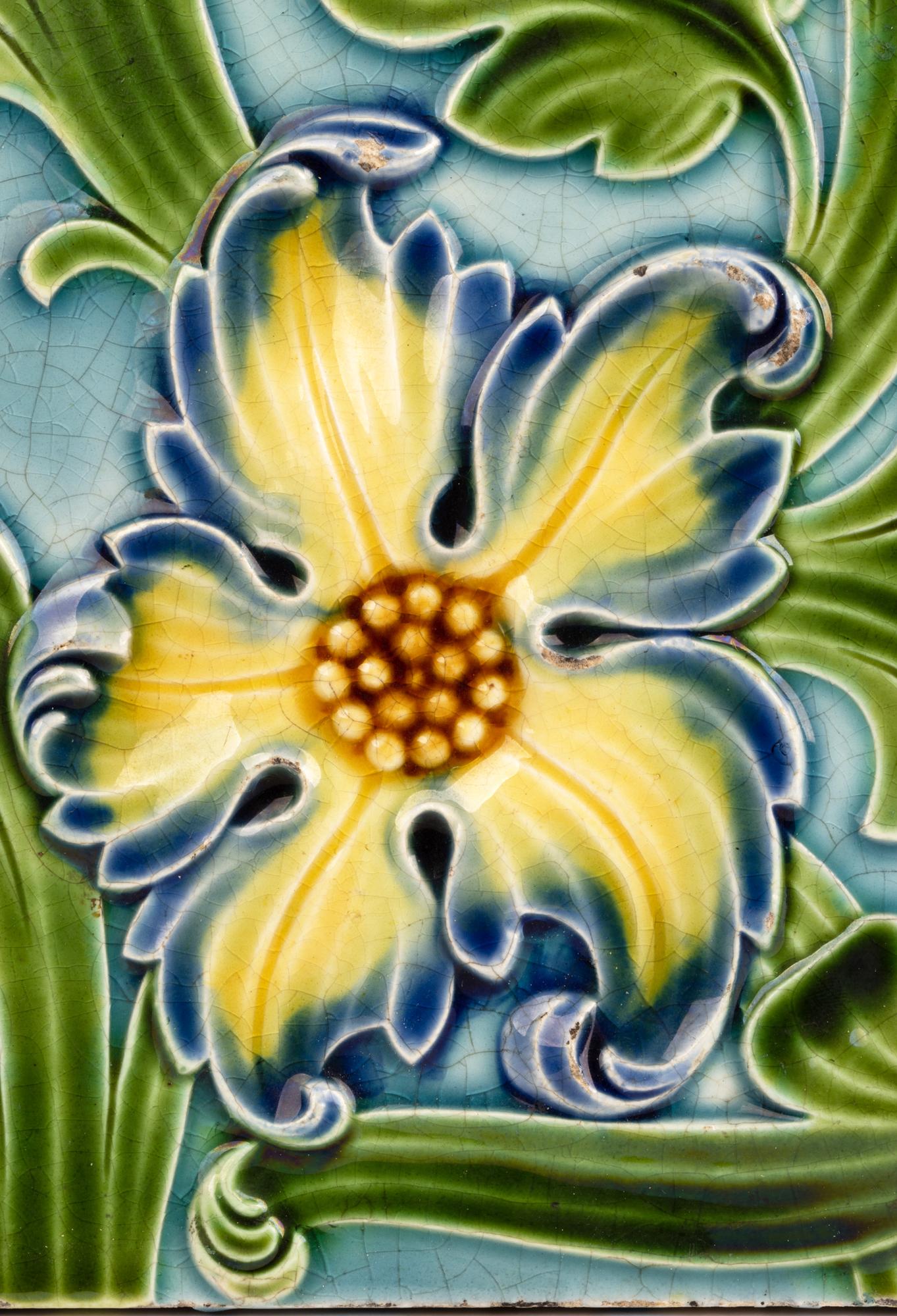 English Wedgwood Majolica Large Floral Design Stoneware Tile