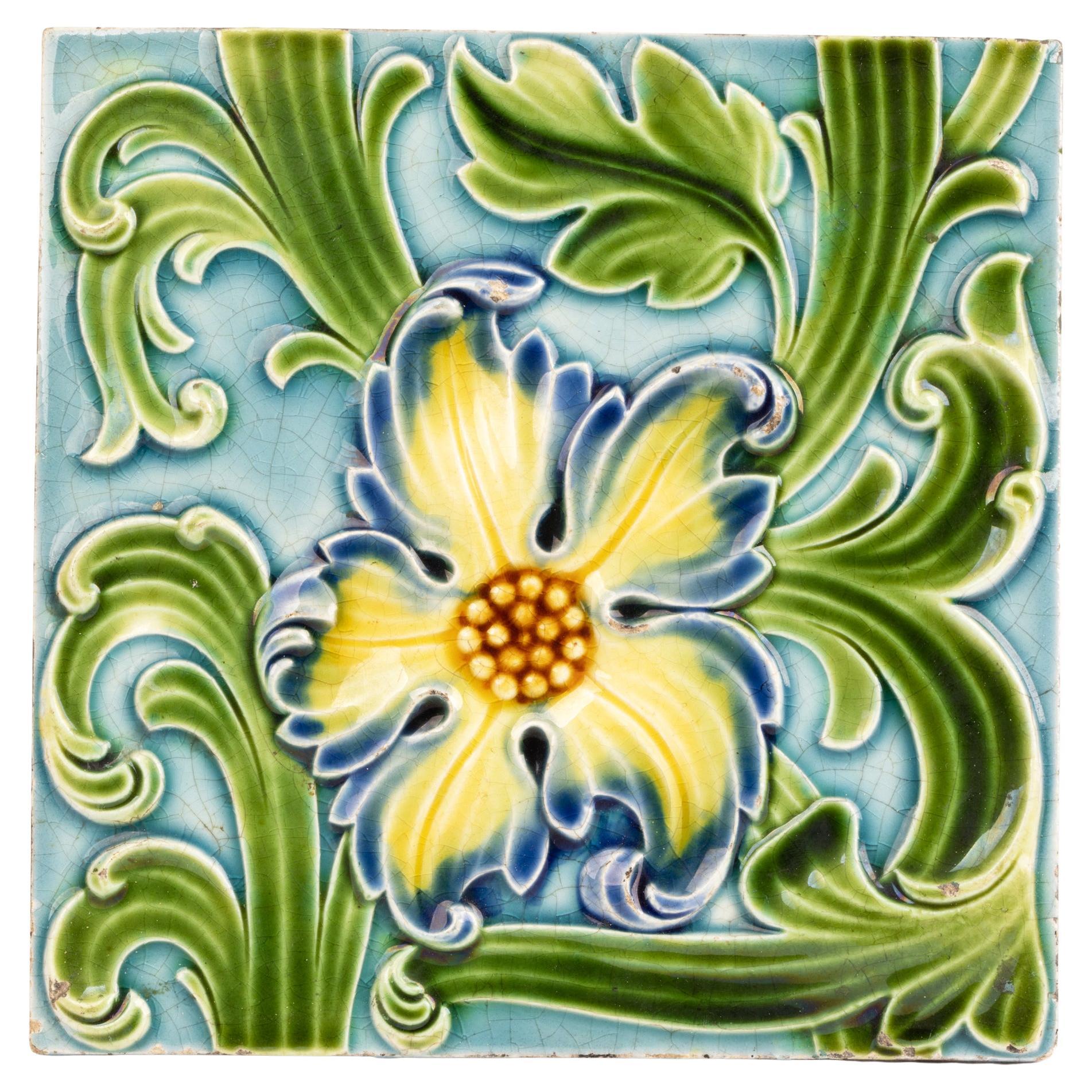 Wedgwood Majolica Large Floral Design Stoneware Tile