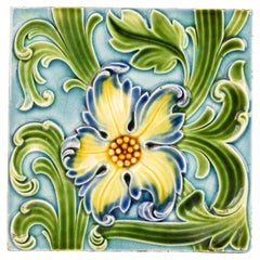Antique Wedgwood Majolica Large Floral Design Stoneware Tile