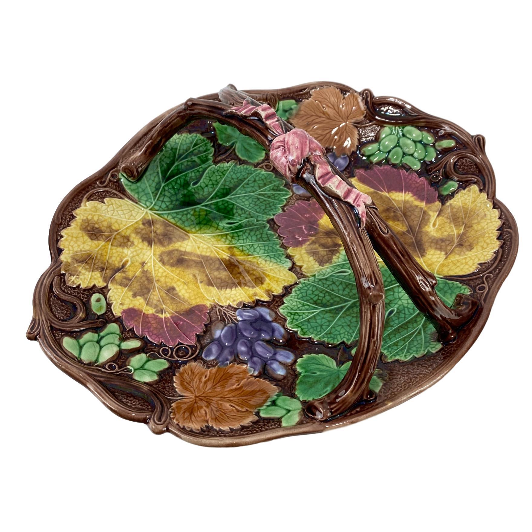 Victorian Wedgwood Majolica Leaf and Vine Bread Basket, English, Dated 1874