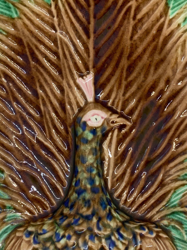 Wedgwood Majolica Peacock Tray, English, 1880 In Good Condition For Sale In Banner Elk, NC