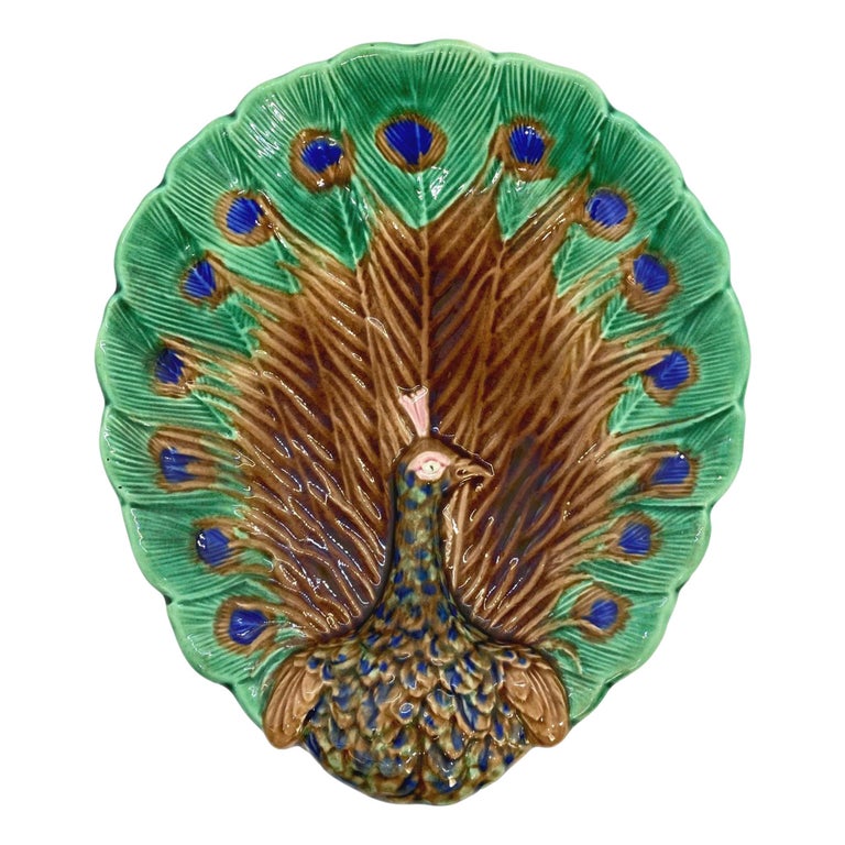 Wedgwood Majolica Peacock Tray, English, 1880 For Sale