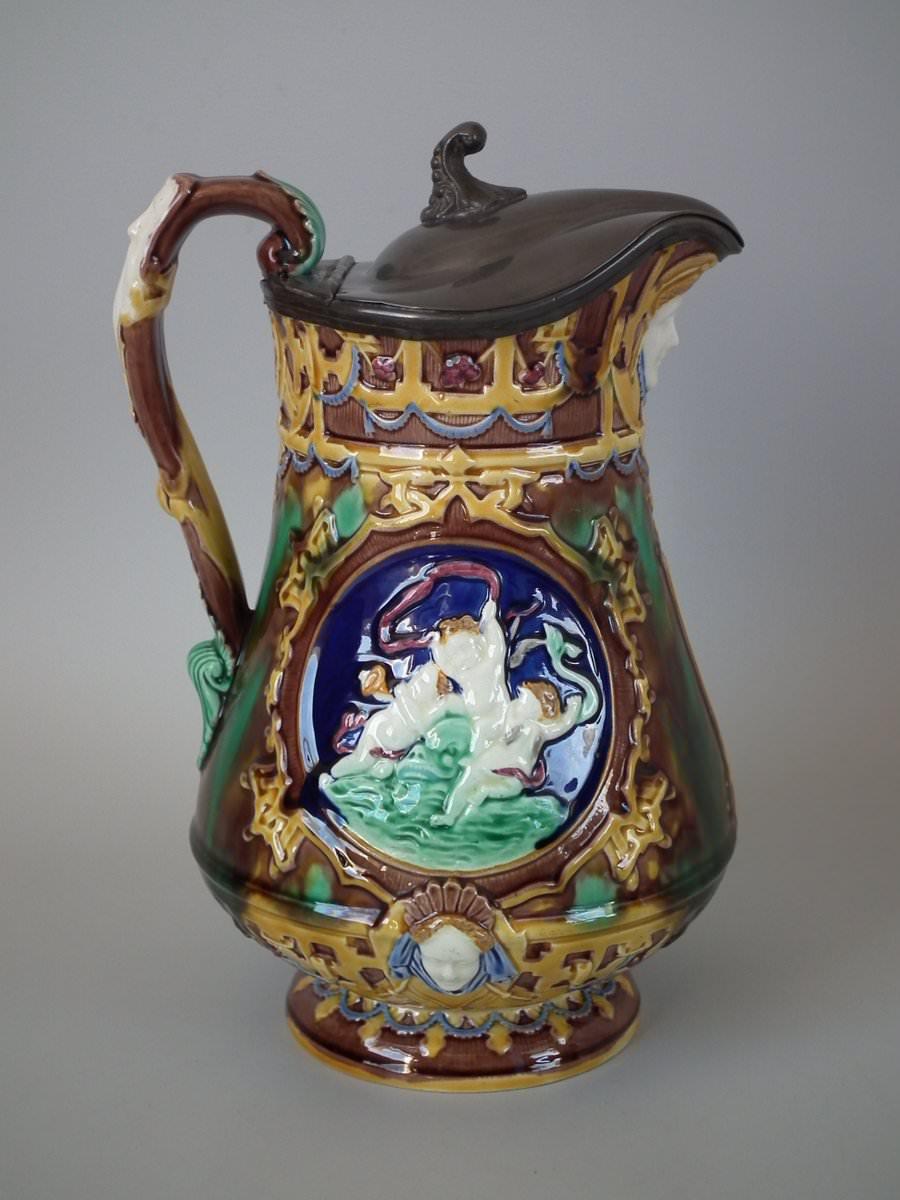 English Wedgwood Majolica Pictorial Pitcher with Pewter Lid For Sale