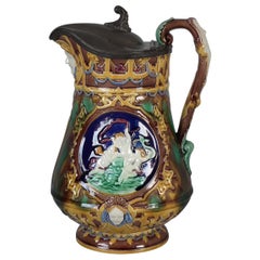 Wedgwood Majolica Pictorial Pitcher with Pewter Lid