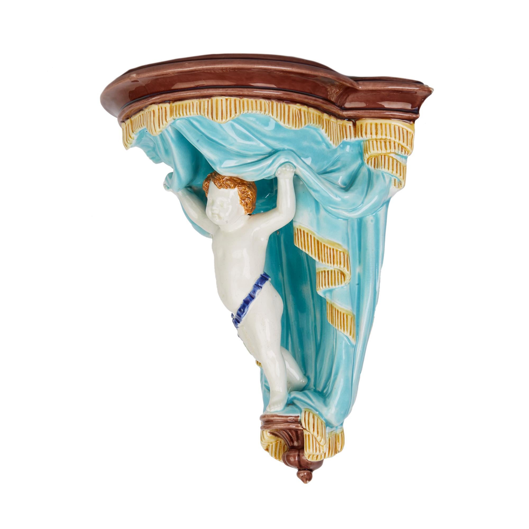 Hand-Painted Wedgwood Majolica Pottery Figural Wall Bracket, 1872