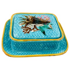 Wedgwood Majolica Sardine Box Shell Pattern Turquoise Wicker, English, Date 1877