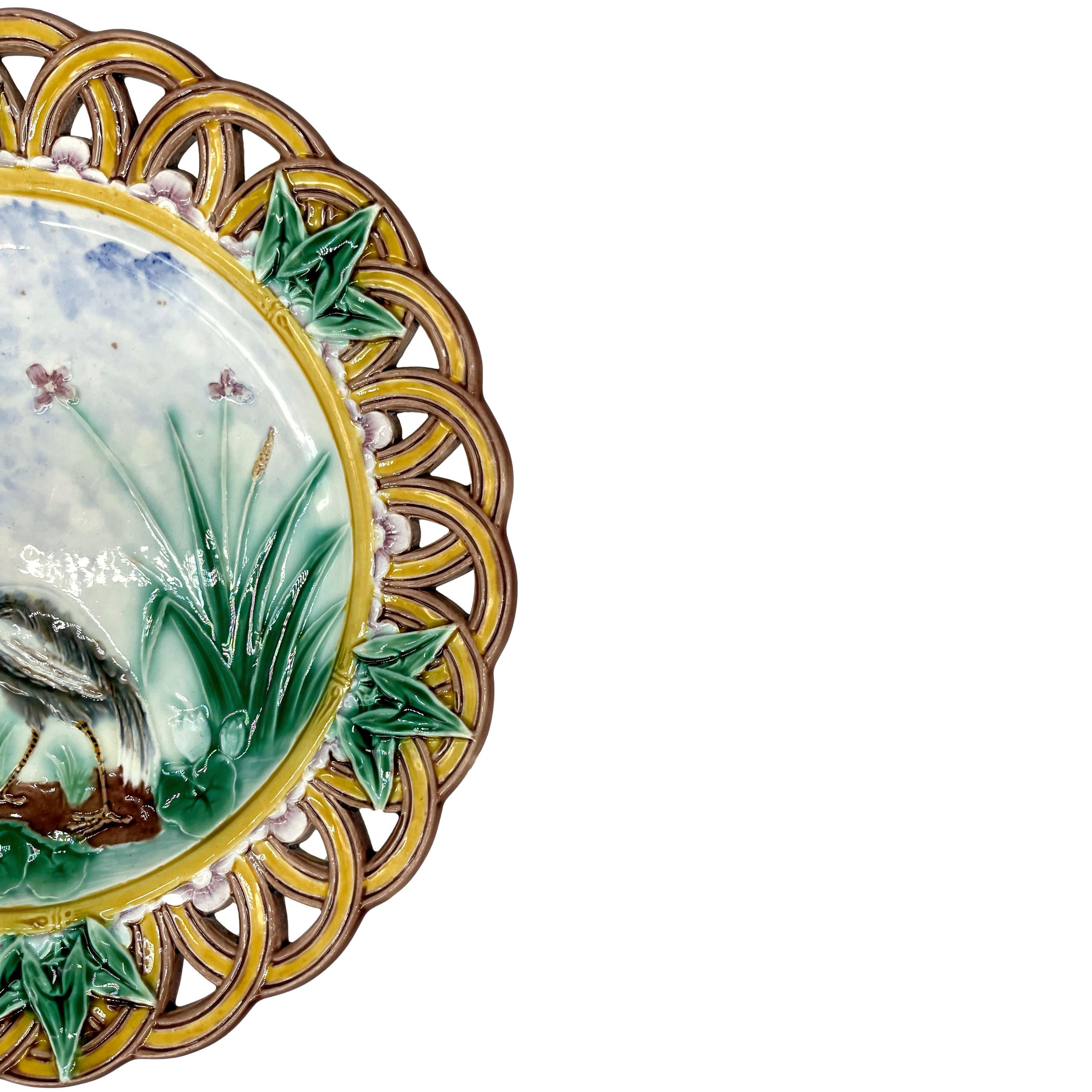 Victorian Wedgwood Majolica Stork and Dragonfly Reticulated Plate, English, Dated 1869