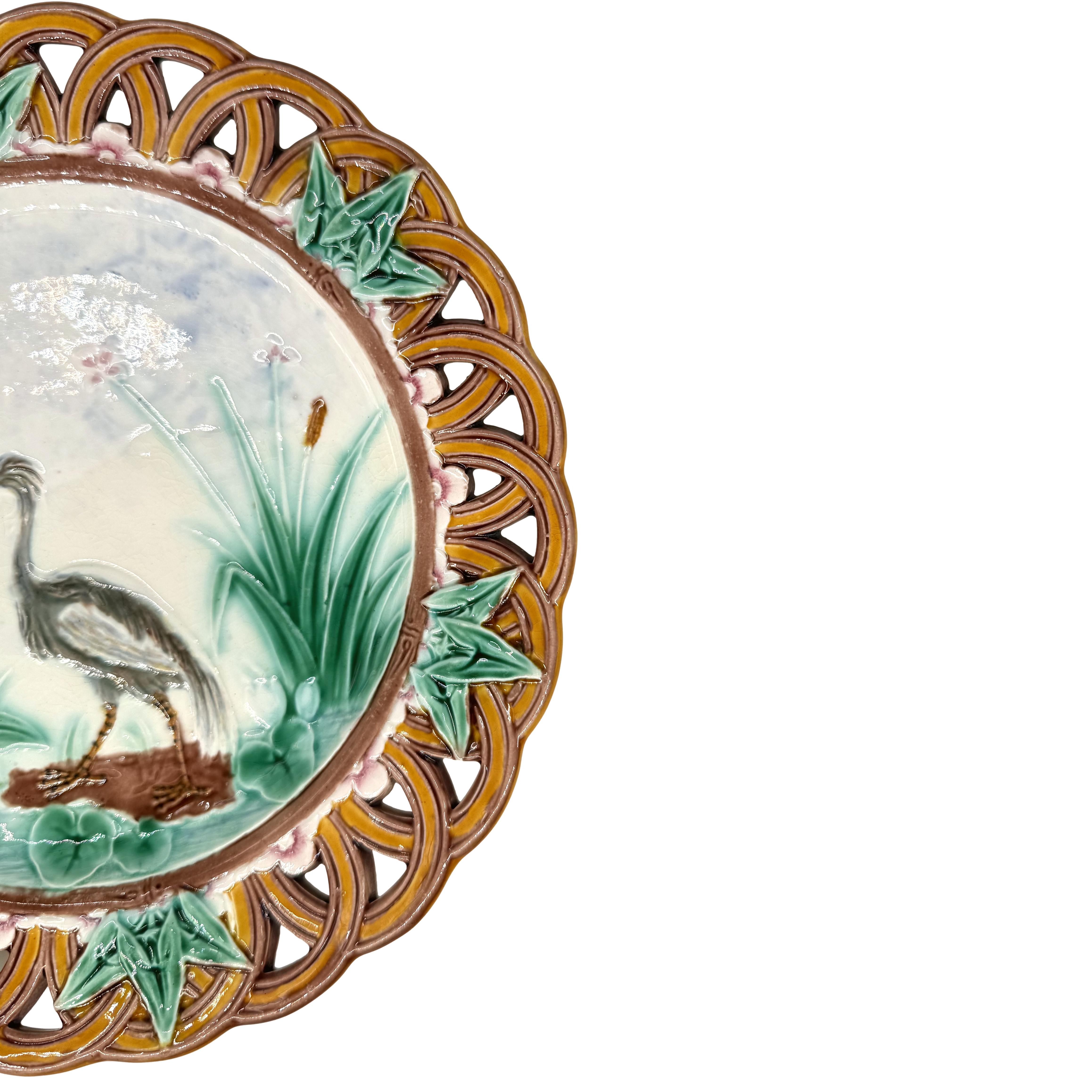 Victorian Wedgwood Majolica Stork and Dragonfly Reticulated Plate, English, Dated 1869 For Sale