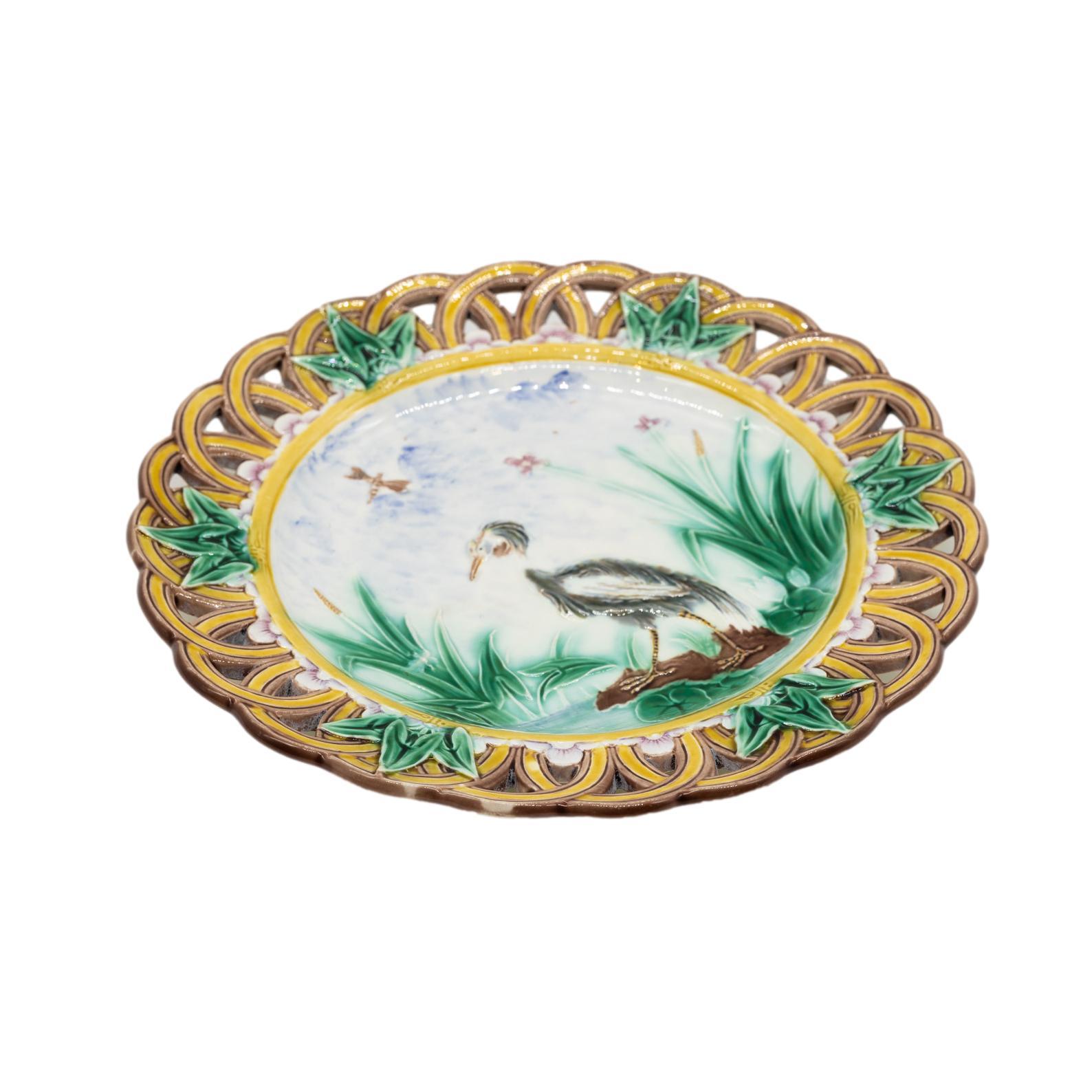 Molded Wedgwood Majolica Stork and Dragonfly Reticulated Plate, English, Dated 1869