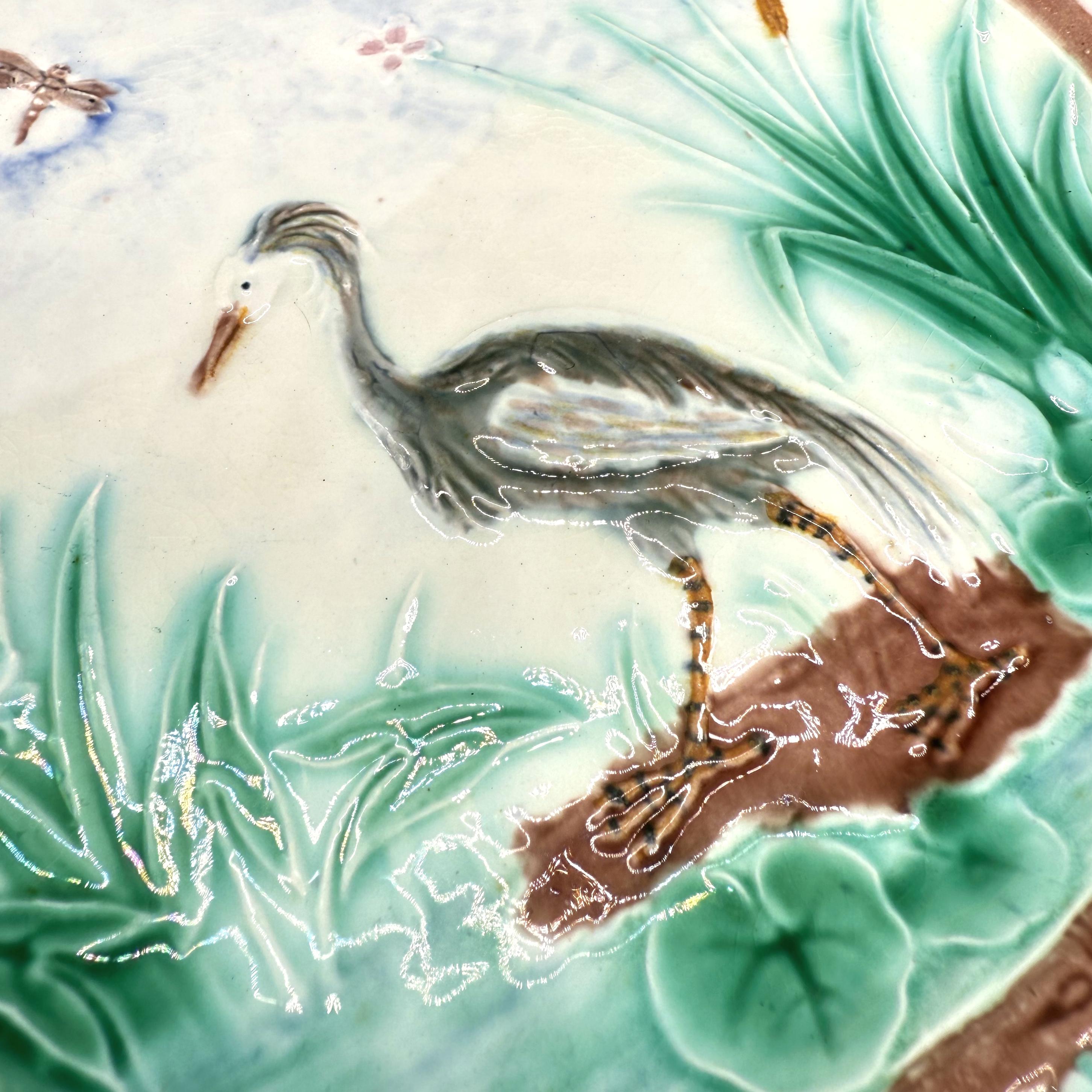 Molded Wedgwood Majolica Stork and Dragonfly Reticulated Plate, English, Dated 1869 For Sale