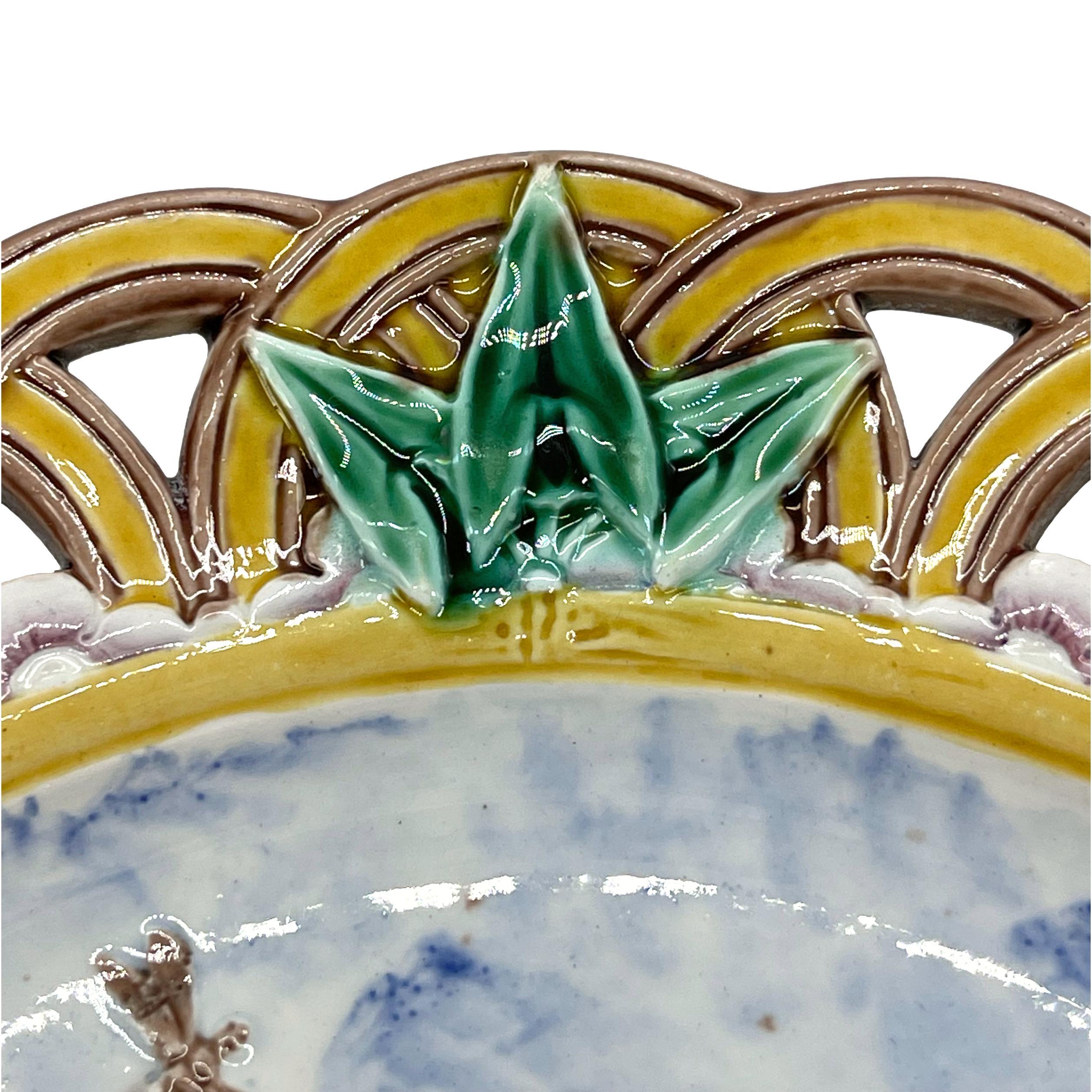 Wedgwood Majolica Stork and Dragonfly Reticulated Plate, English, Dated 1869 In Good Condition In Banner Elk, NC