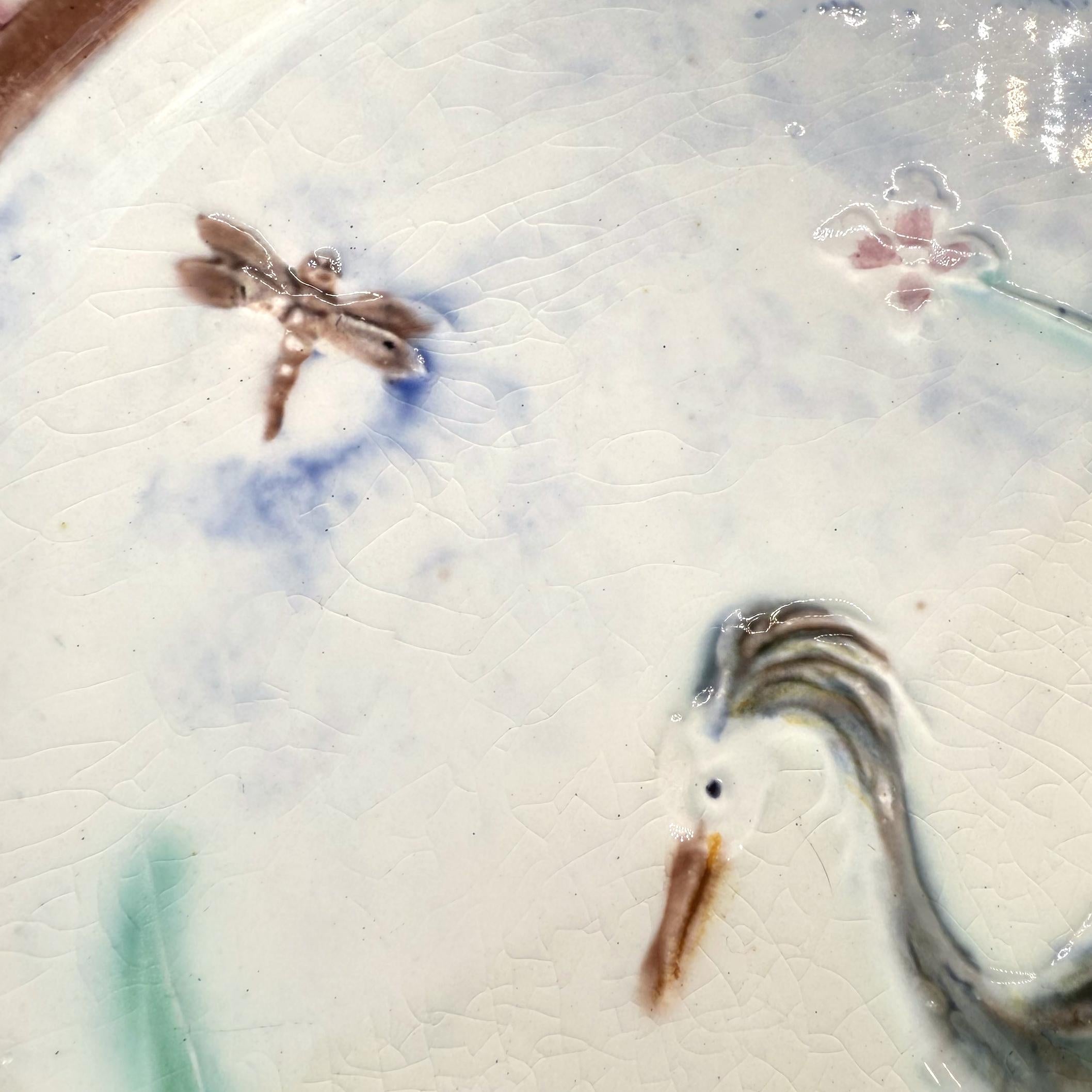 Wedgwood Majolica Stork and Dragonfly Reticulated Plate, English, Dated 1869 In Good Condition For Sale In Banner Elk, NC