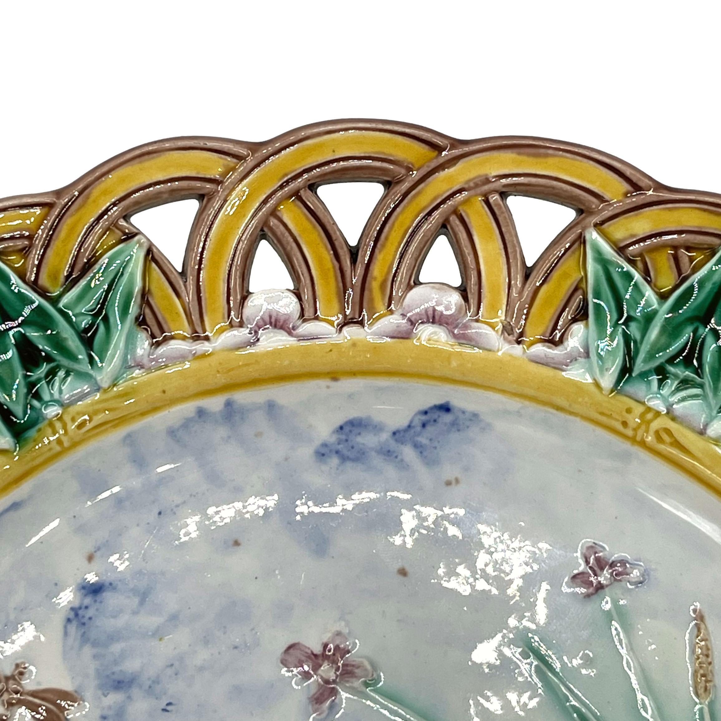 19th Century Wedgwood Majolica Stork and Dragonfly Reticulated Plate, English, Dated 1869