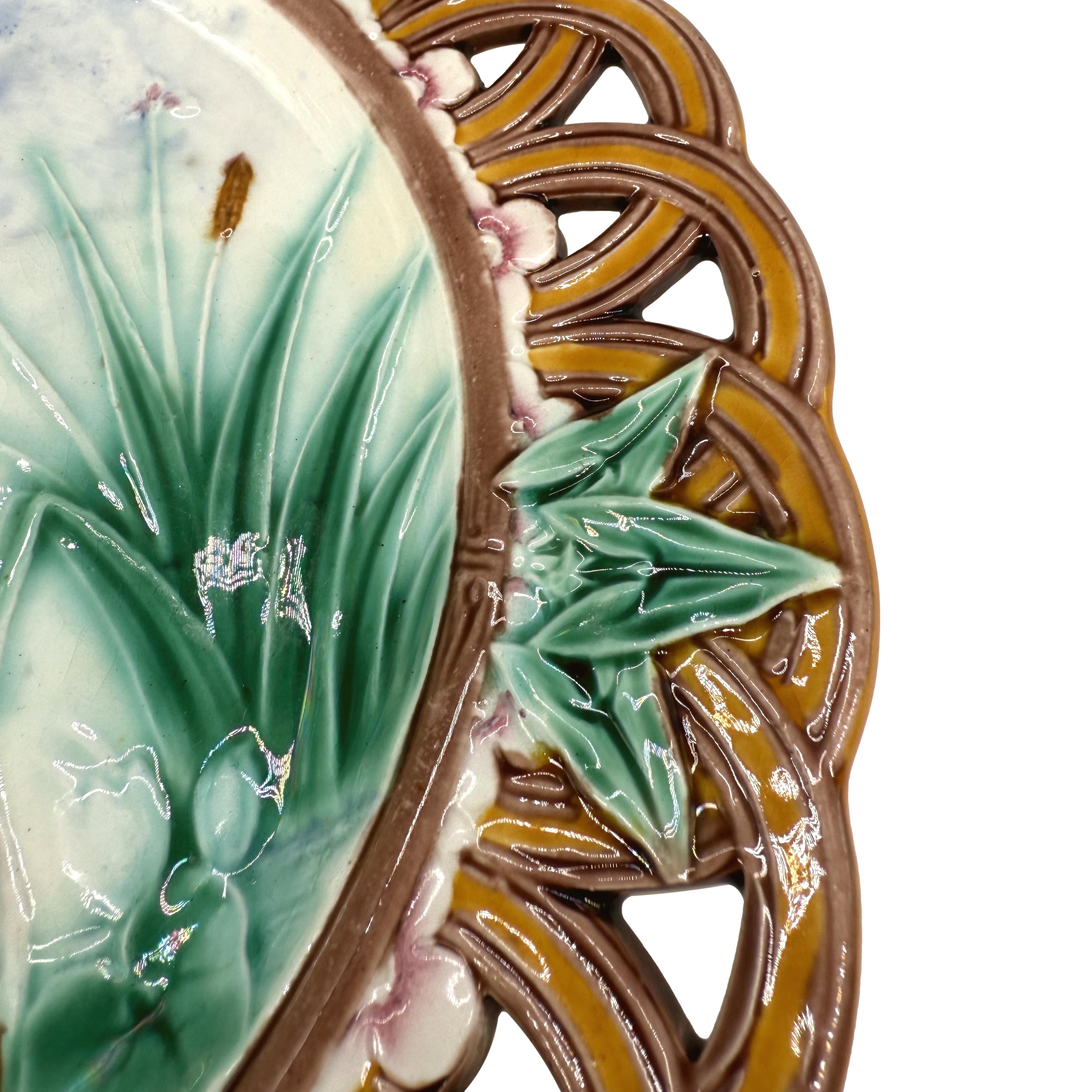 19th Century Wedgwood Majolica Stork and Dragonfly Reticulated Plate, English, Dated 1869 For Sale