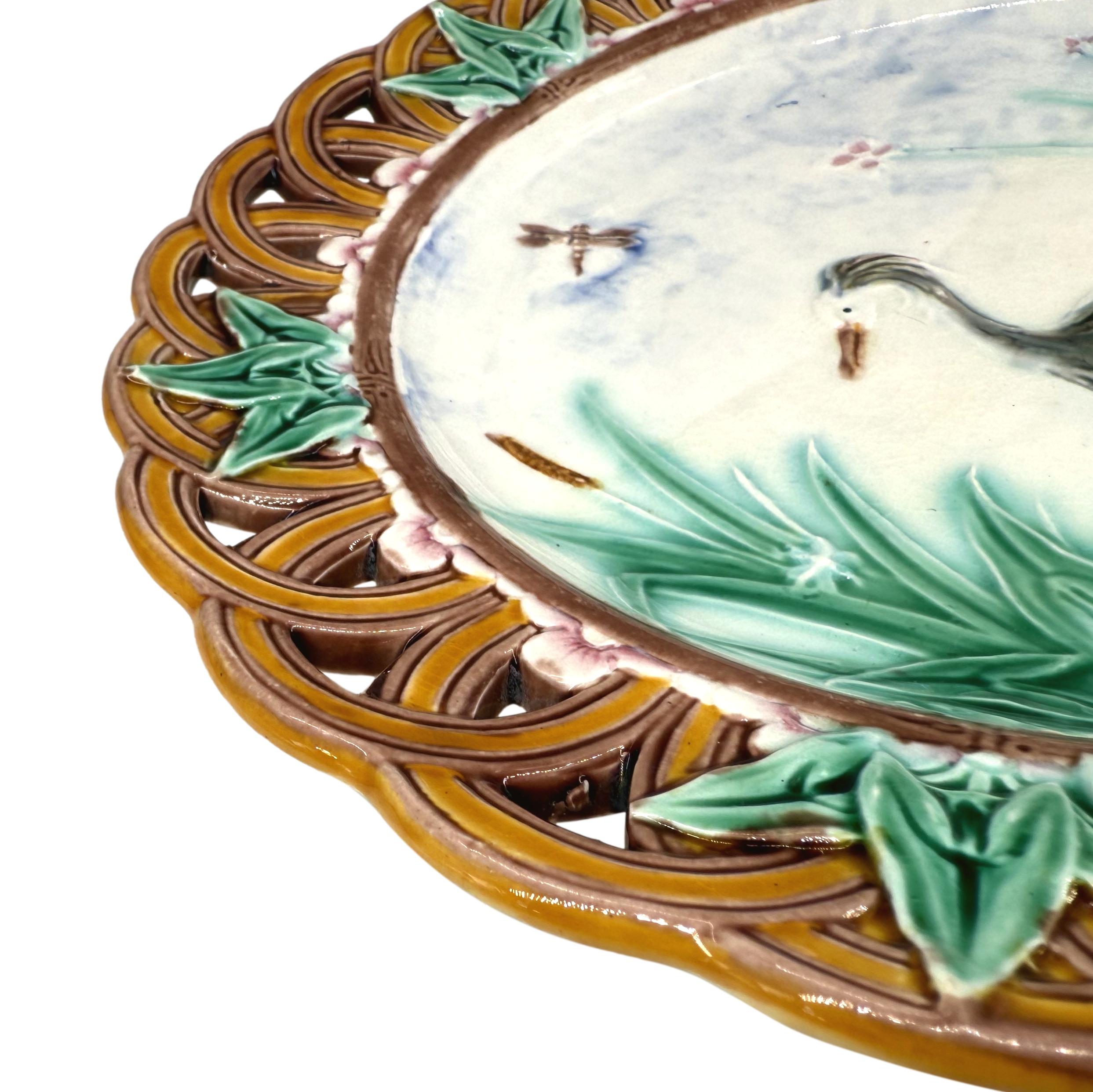 Wedgwood Majolica Stork and Dragonfly Reticulated Plate, English, Dated 1869 For Sale 1