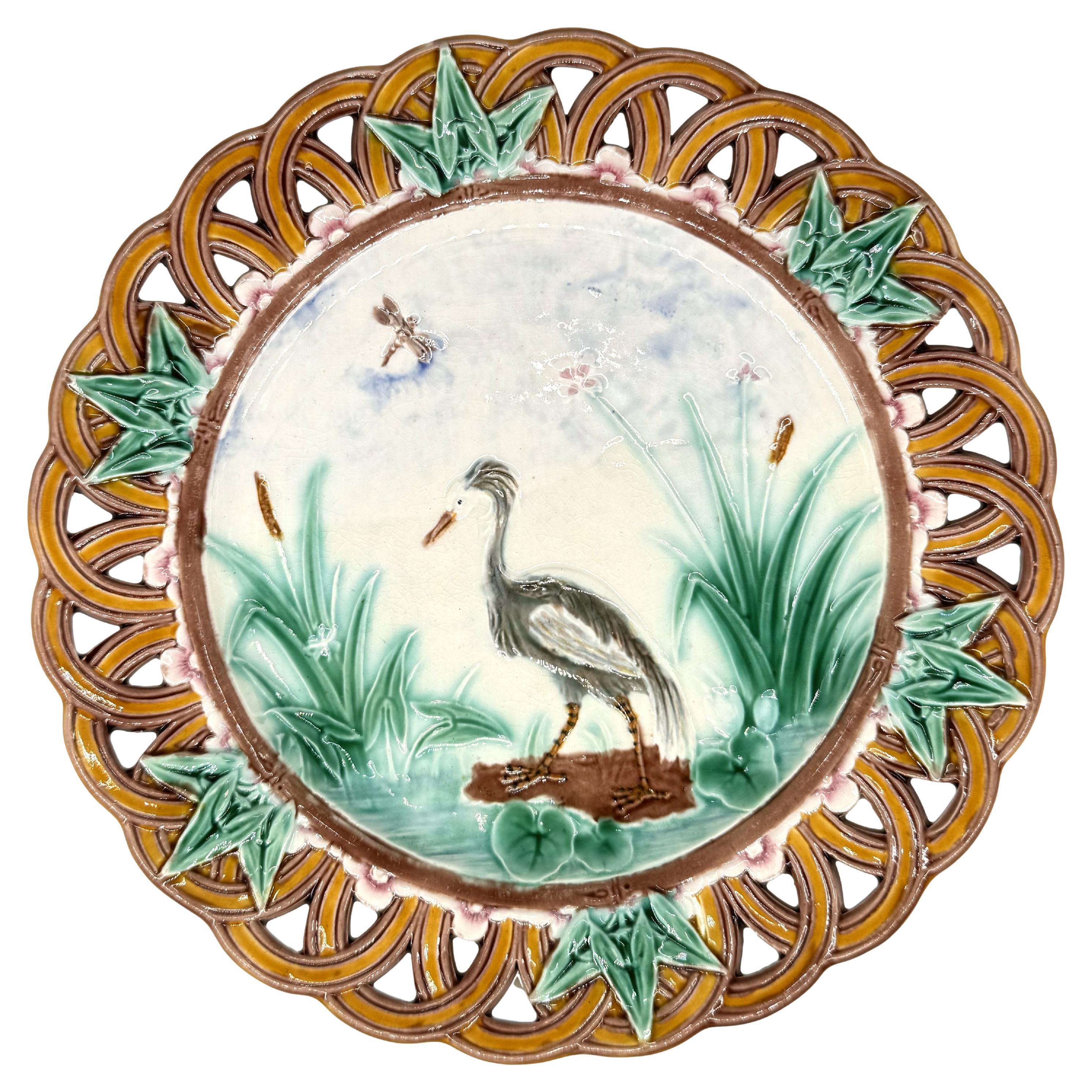 Wedgwood Majolica Stork and Dragonfly Reticulated Plate, English, Dated 1869