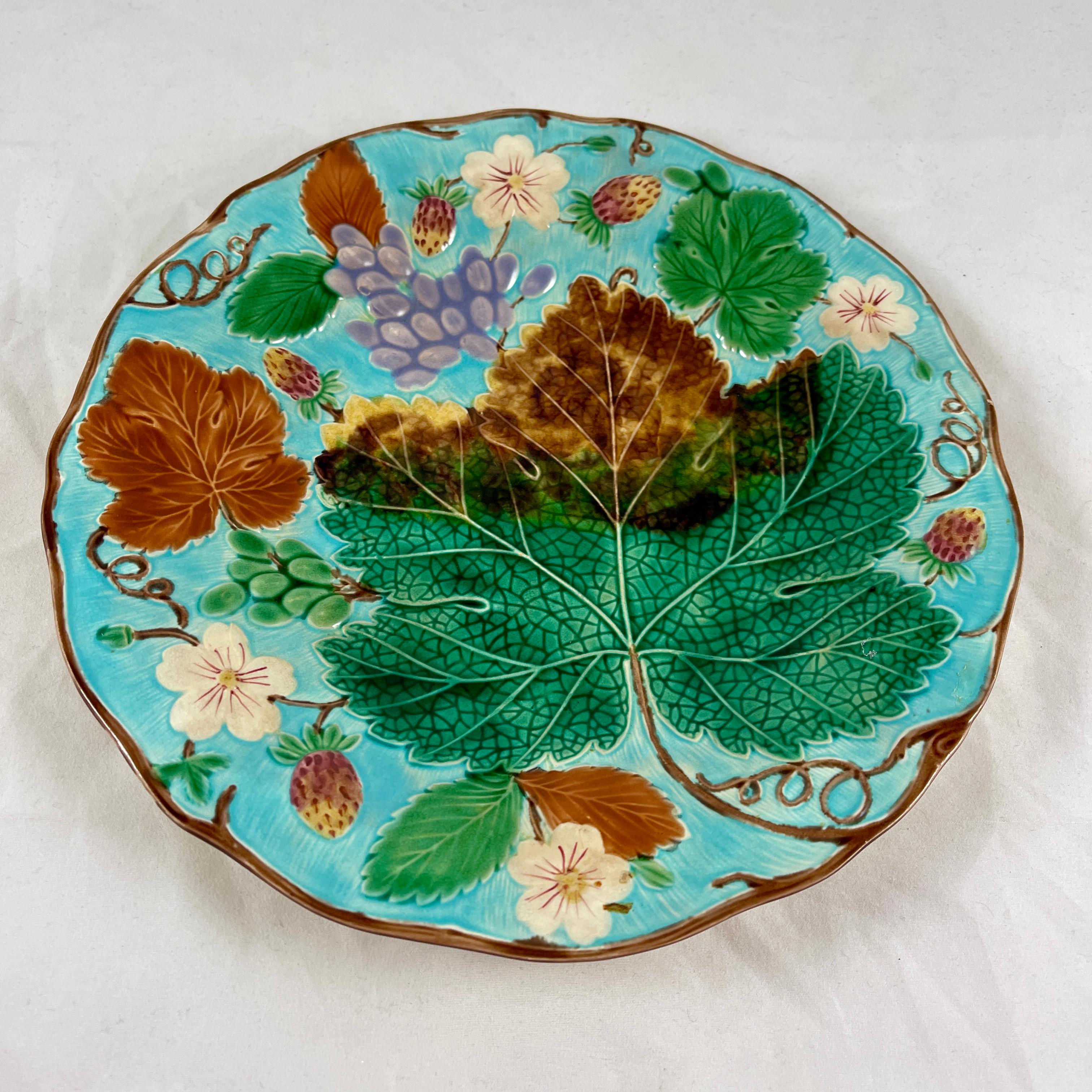 Glazed Wedgwood Majolica Turquoise Grape Leaf and Strawberry Plate, circa 1880