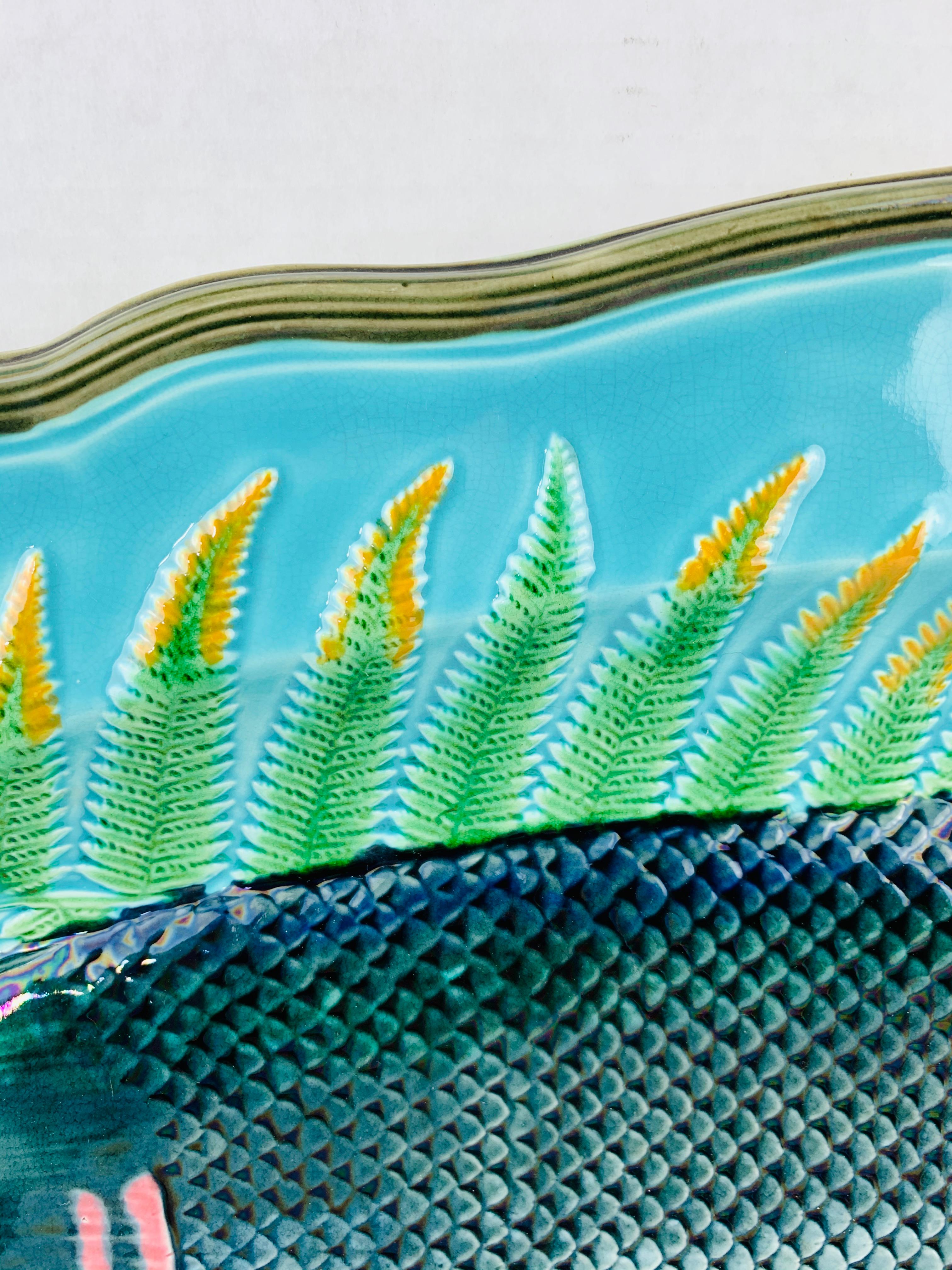 Wedgwood Majolica Turquosie-Ground Salmon Platter, English, Dated 1878 In Good Condition In Banner Elk, NC