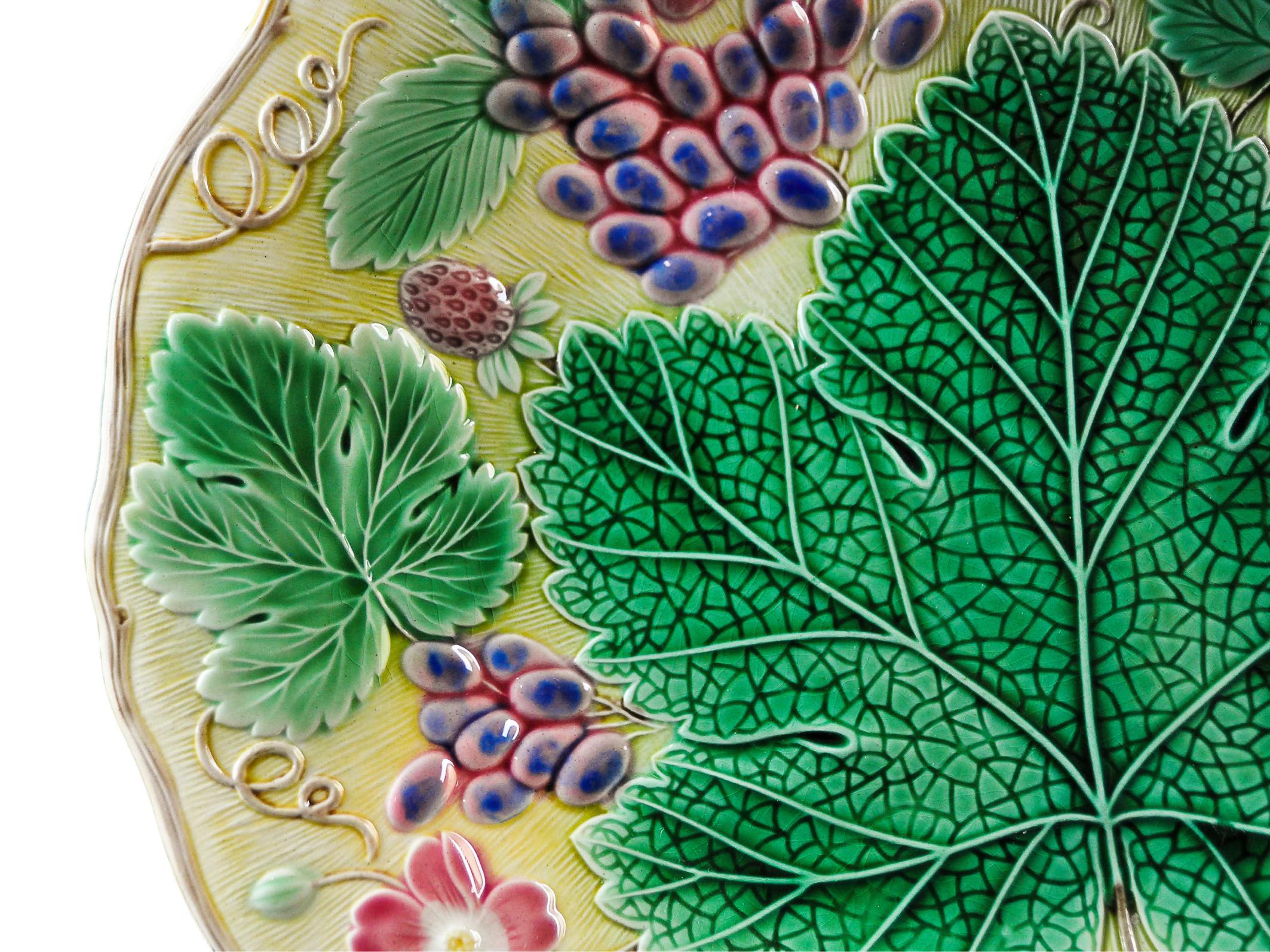 Early 20th Century Wedgwood Majolica 'Vine & Strawberry' Plate, English, Dated 1929, Yellow Ground 