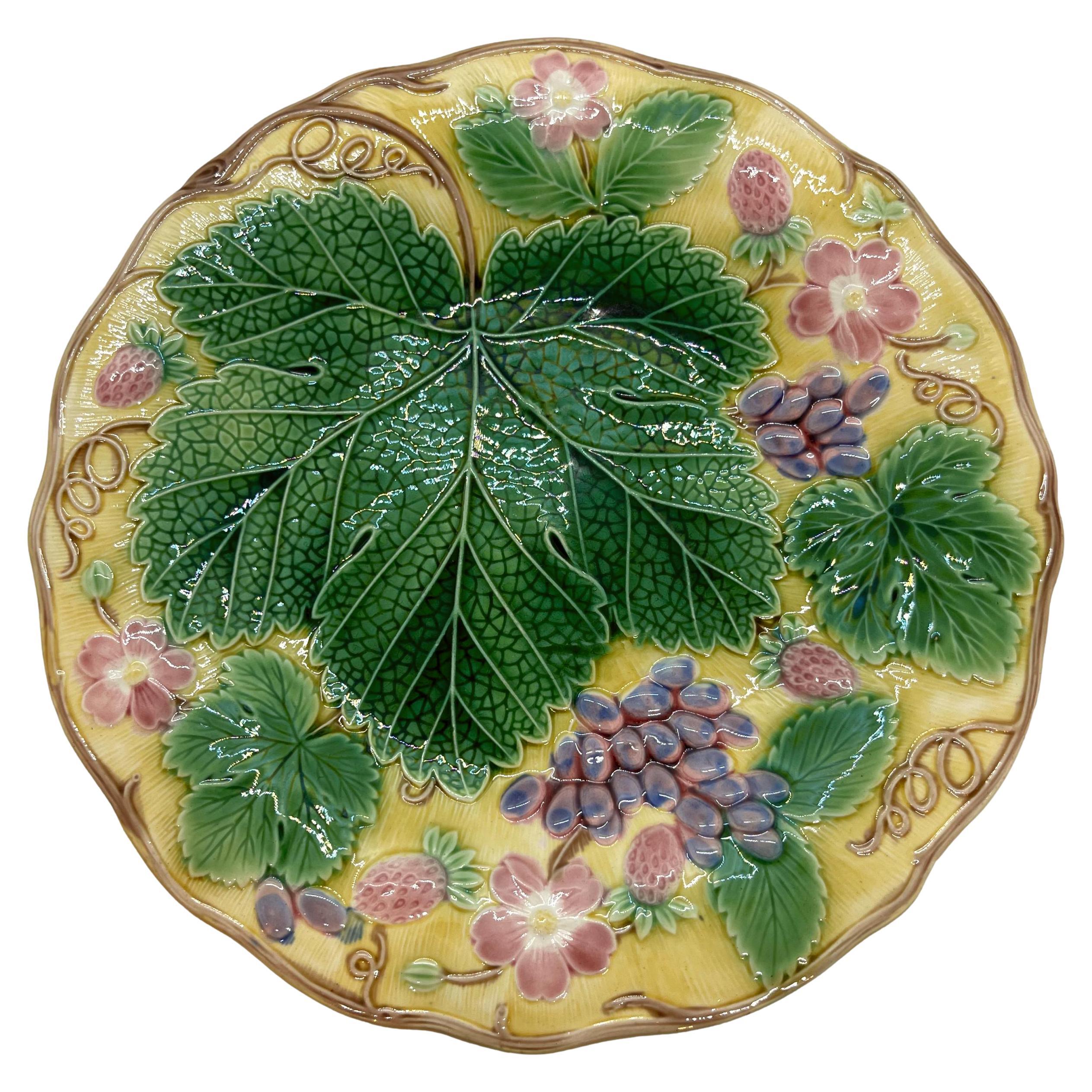 Wedgwood Majolica 'Vine & Strawberry' Plate on a Yellow Ground, English
