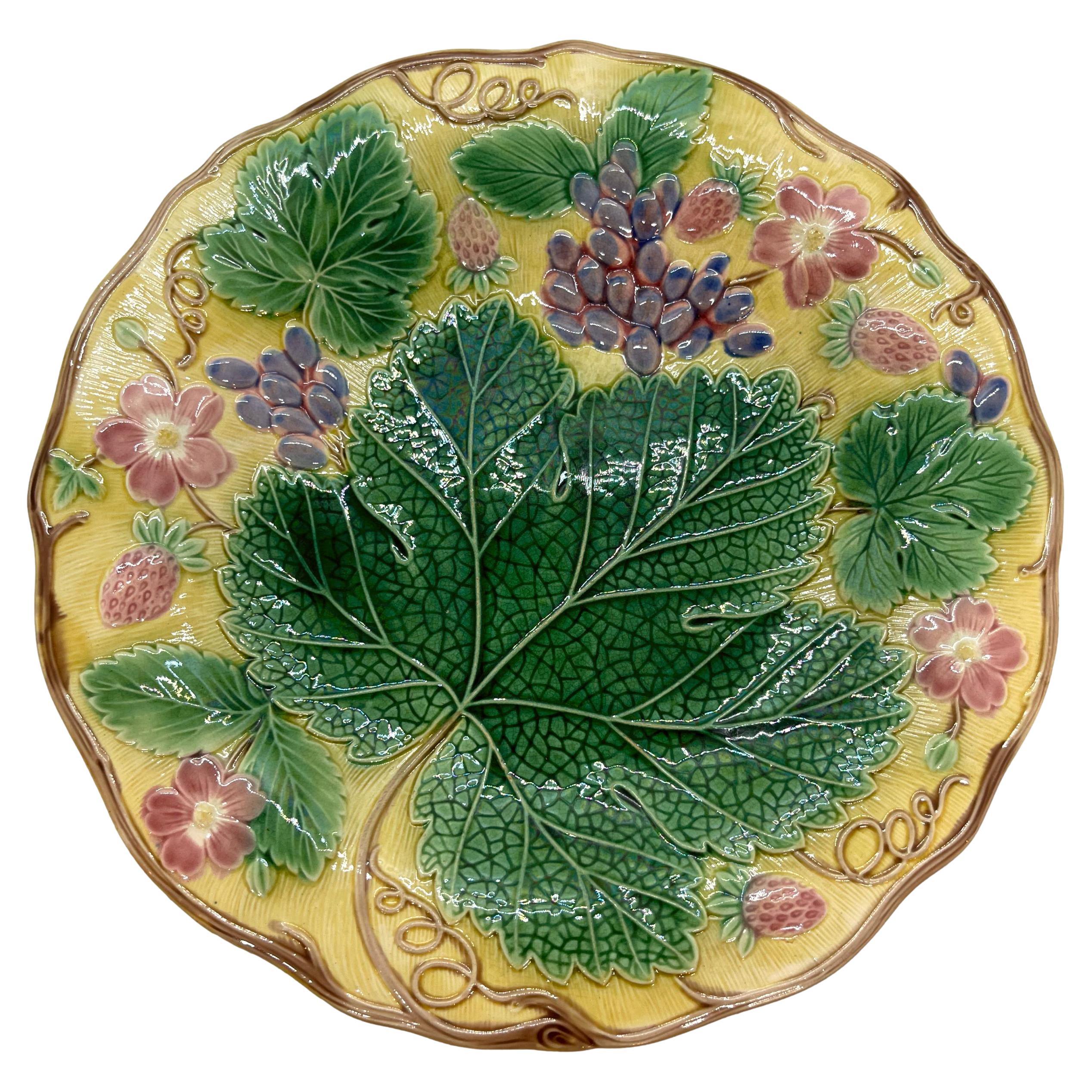 Wedgwood Majolica 'Vine & Strawberry' Plate on a Yellow Ground, English