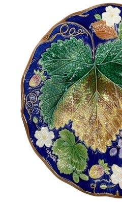Wedgwood Majolica 'Vine & Strawberry' Plate on Rare Cobalt Ground, Dated 1878