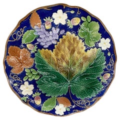 Wedgwood Majolica 'Vine & Strawberry' Plate on Rare Cobalt Ground, Dated 1878