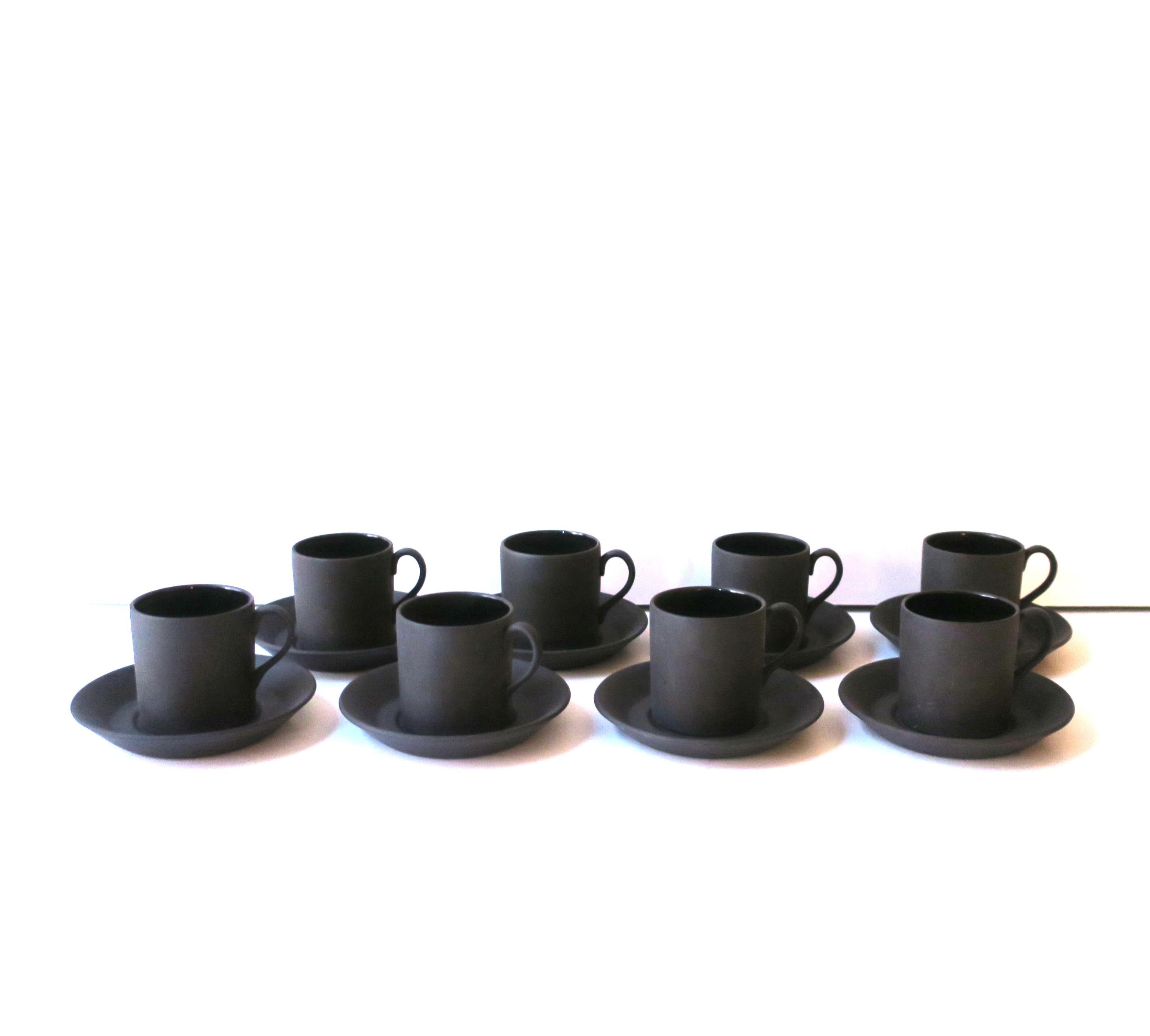 English Wedgwood Matte Black Basalt Espresso Coffee Cup & Saucer, 1957 England, Set of 8