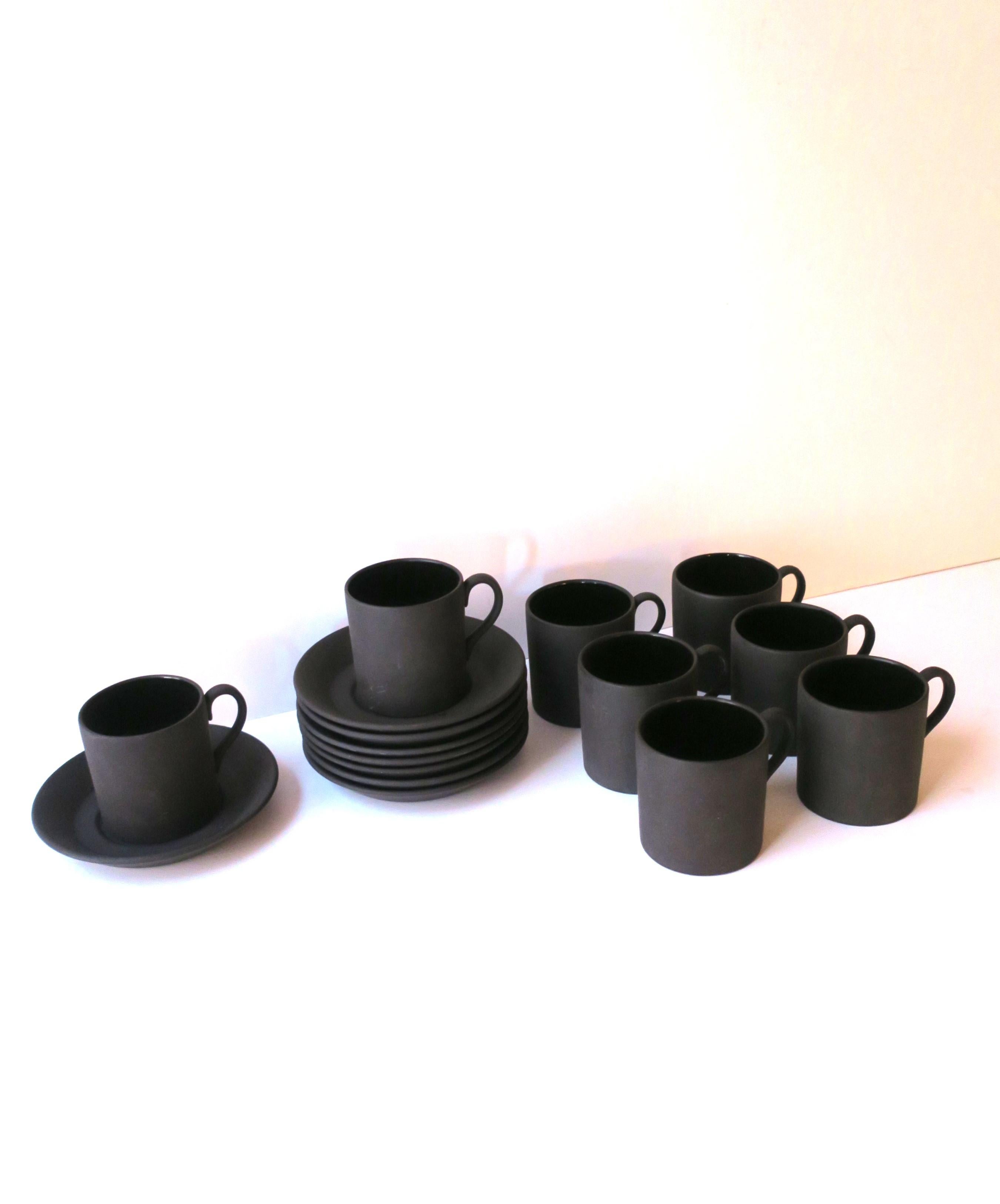 Wedgwood Matte Black Basalt Espresso Coffee Cup & Saucer, 1957 England, Set of 8 In Good Condition In New York, NY