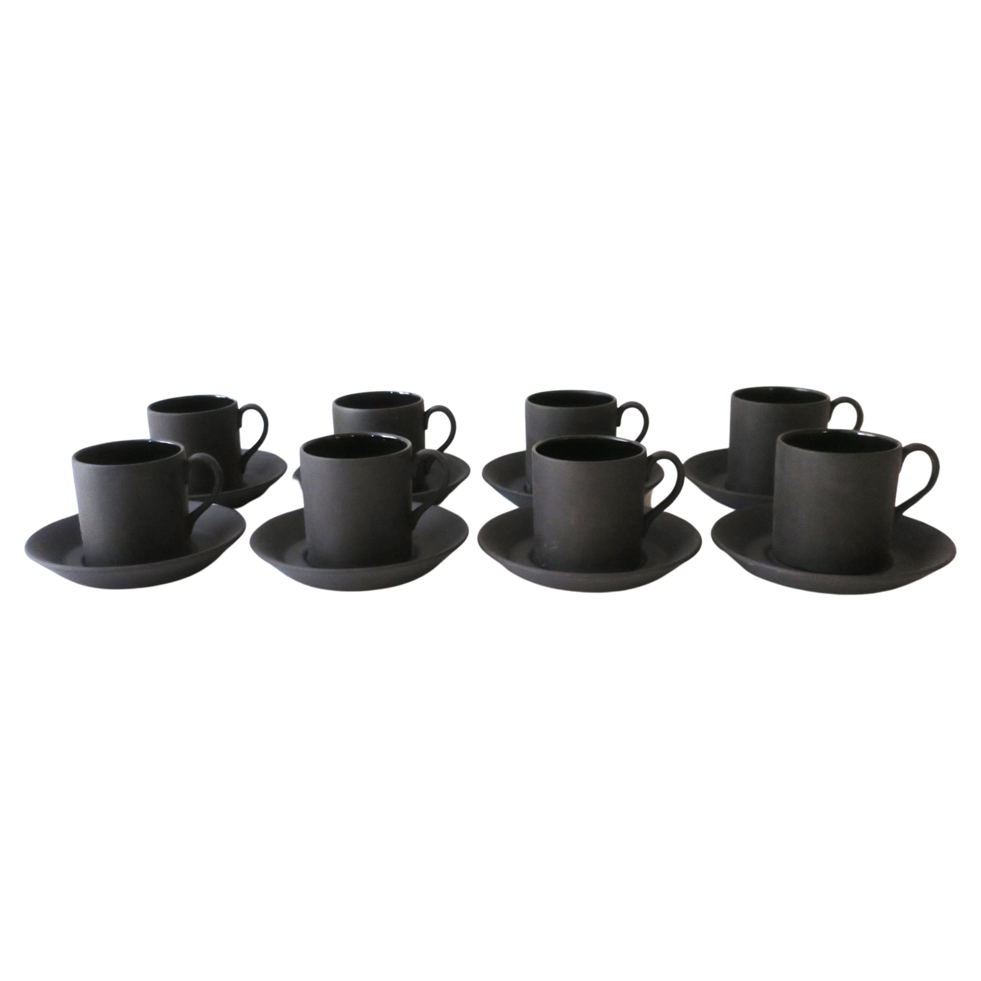 Wedgwood Matte Black Basalt Espresso Coffee Cup & Saucer, 1957 England, Set of 8