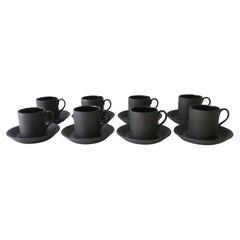 Used Wedgwood Matte Black Basalt Espresso Coffee Cup & Saucer, 1957 England, Set of 8