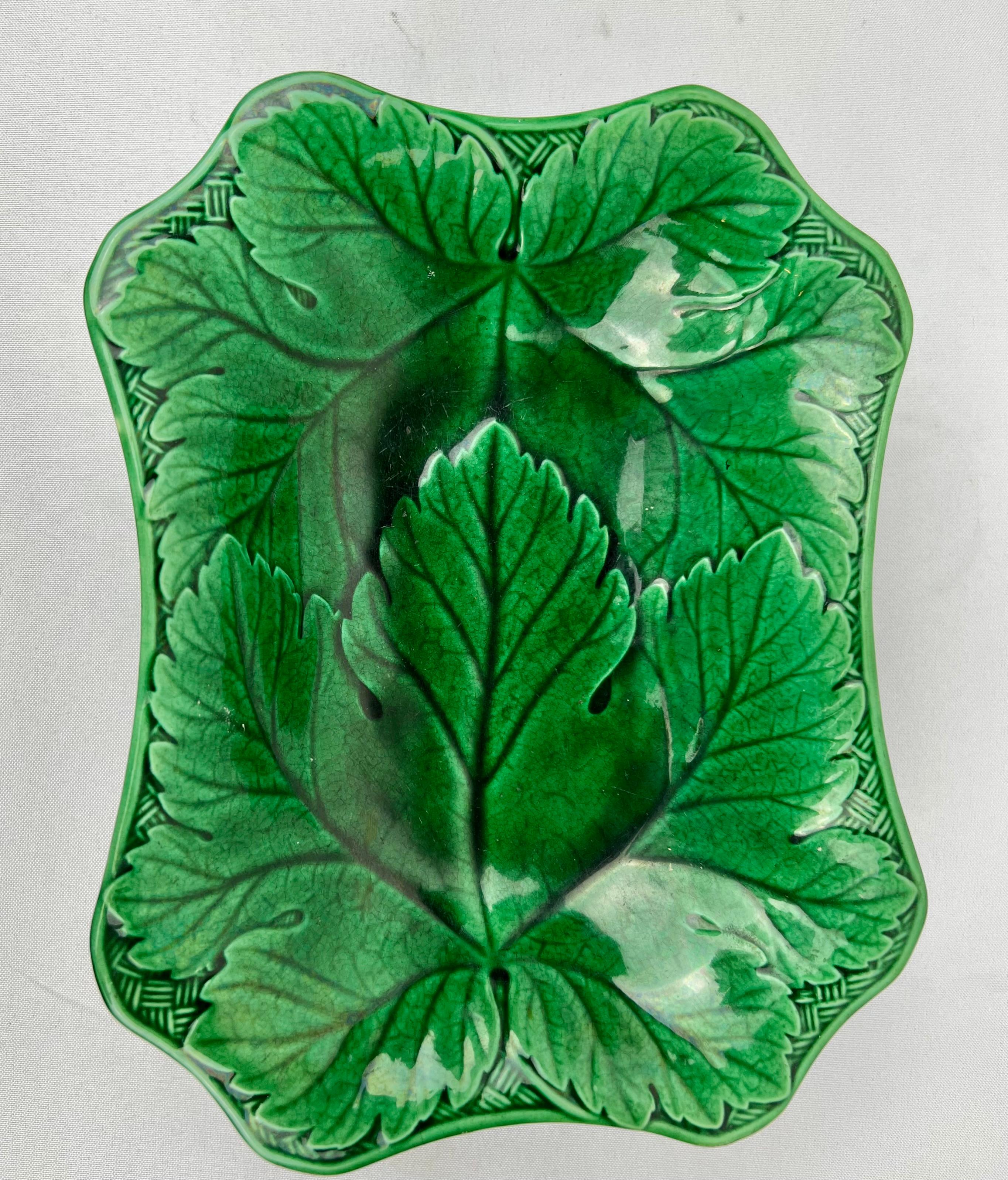 Gorgeous Ming green Wedgwood majolica leaf motif footed serving dish . This beautiful green which Wedgwood made so famous looks great as a display piece and even better with food on it. Created during the Victorian period in England and its