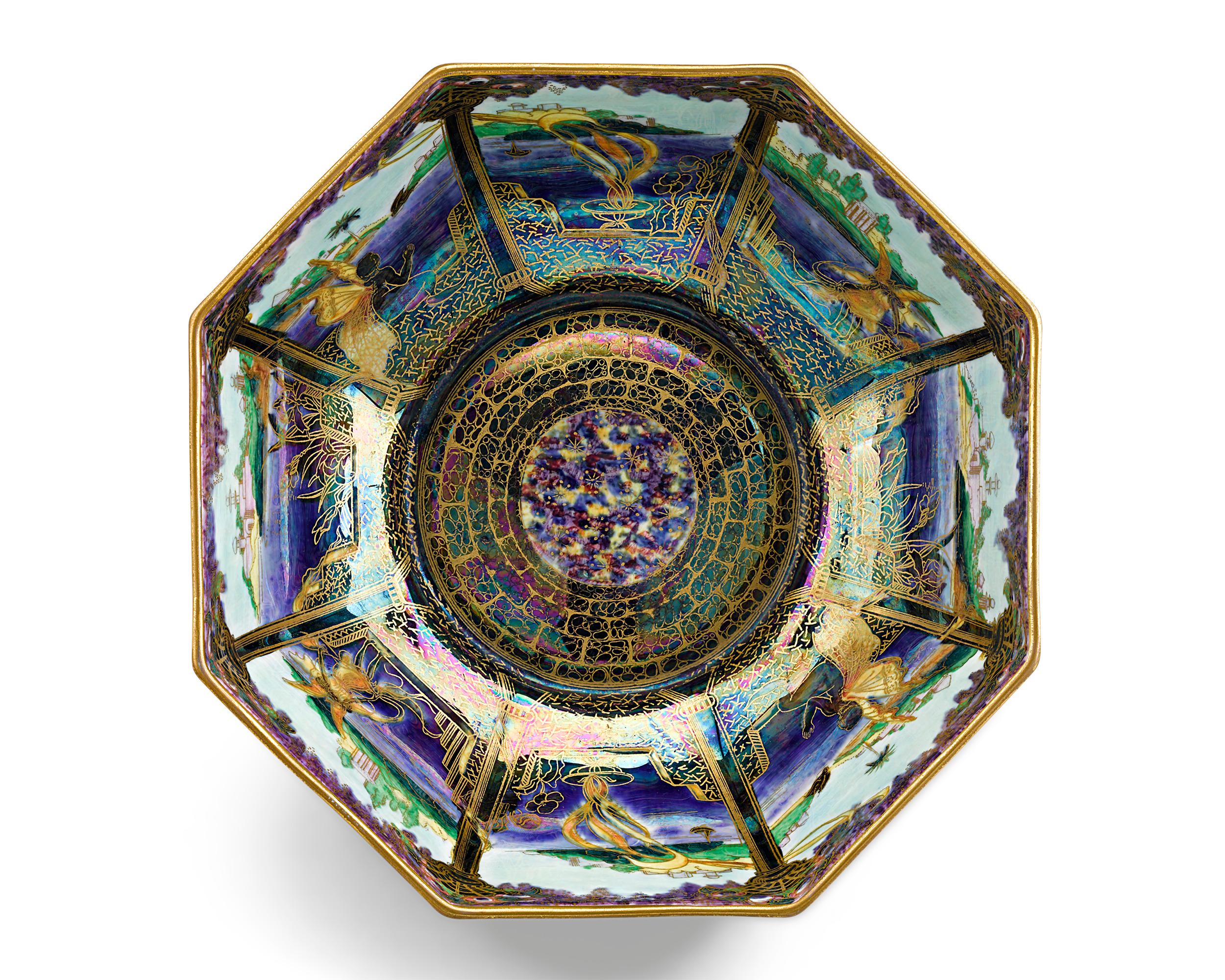 The exotic beauty of Wedgwood Fairyland Lustre is exemplified in this captivating octagonal bowl. Displaying the fantastical creativity for which Fairyland Lustre is so robustly collected, this magnificent bowl exhibits the stunning Moorish pattern