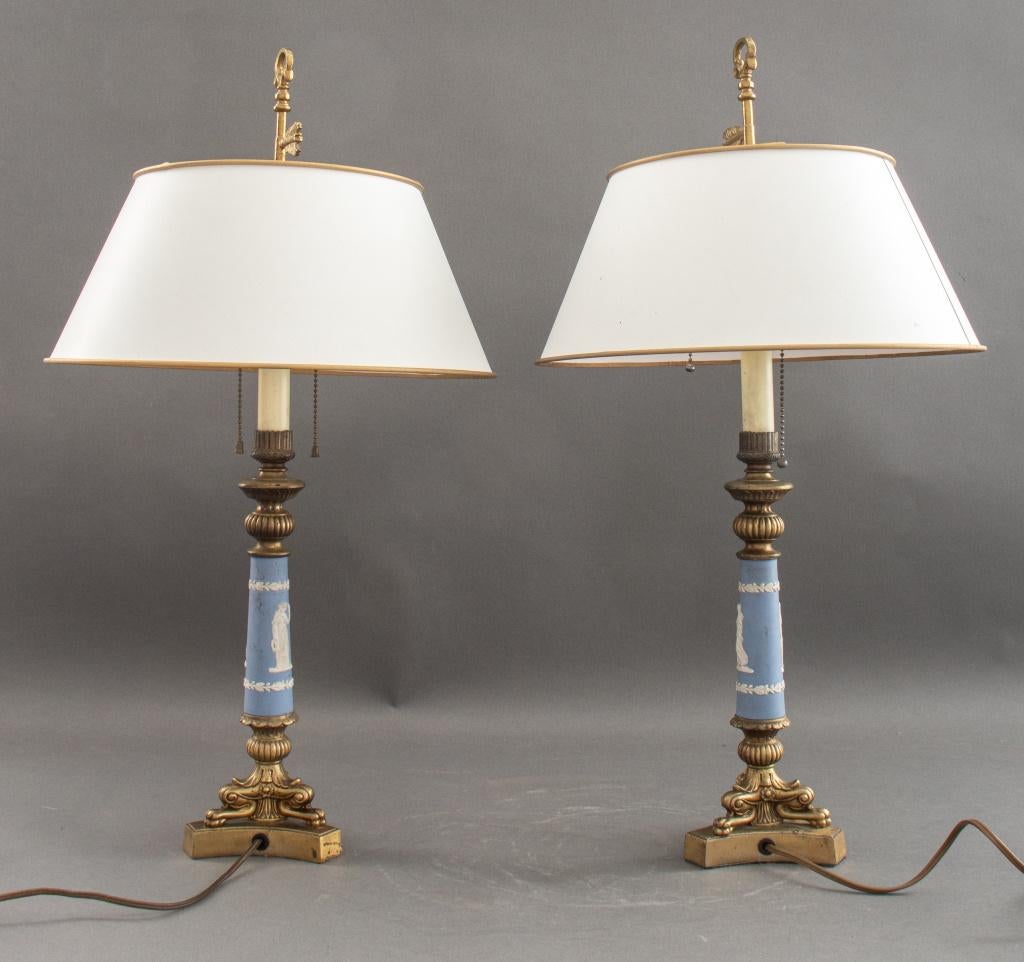 Neoclassical Wedgwood Mounted Restauration Style Lamps, Pair