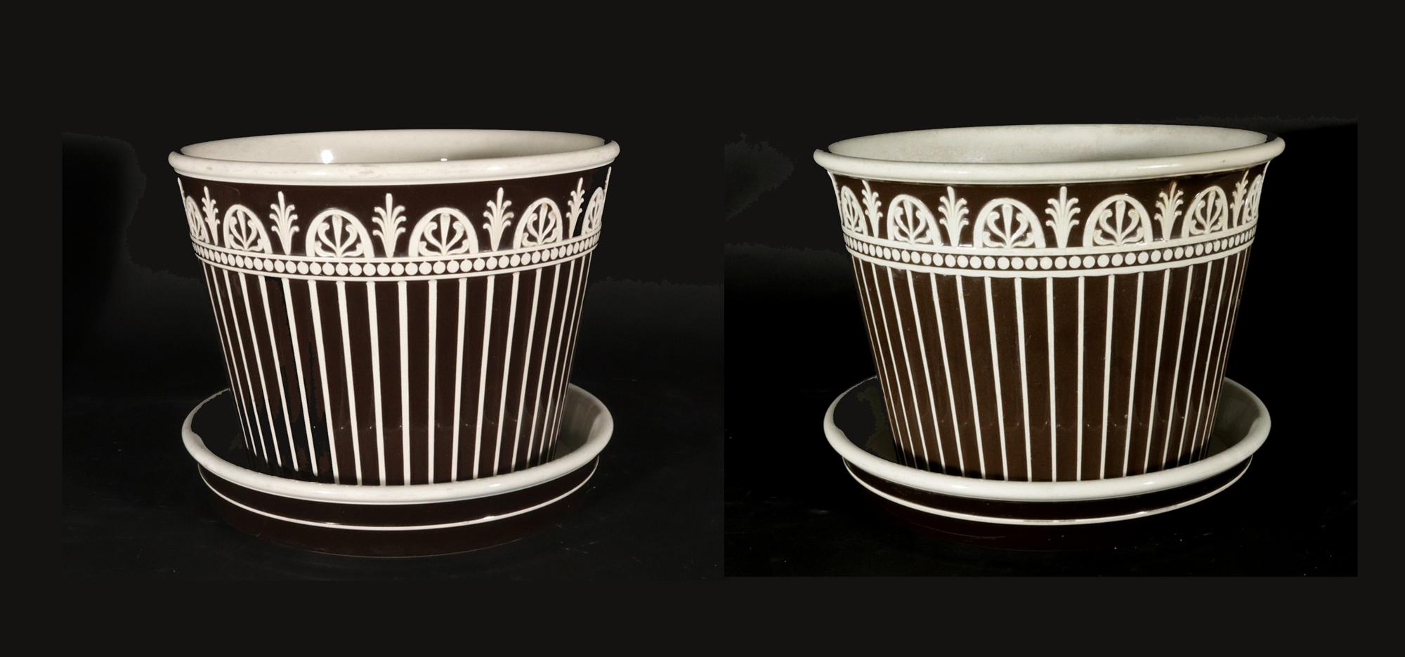 Wedgwood Neo-classical Large Cachepots and Stands,
A Pair,
Late 18th Century

The pair of circular Wedgwood pottery cache pots and underdish have a series of concave reeded panels in a chocolate brown slip color with each edge in white.  The top
